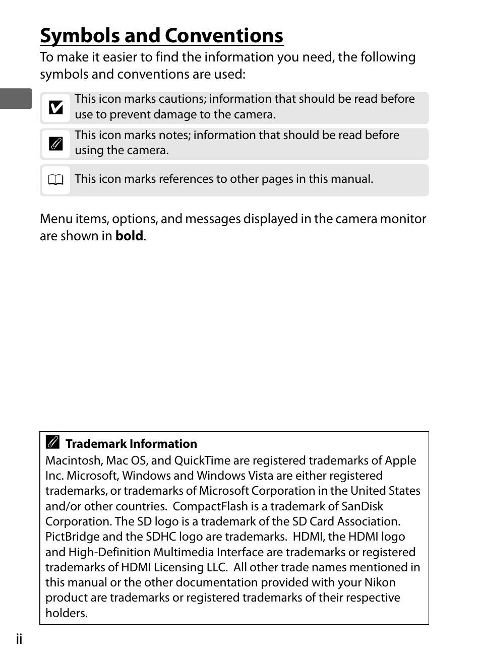 Symbols and conventions | Nikon D300s User Manual | Page 4 / 432