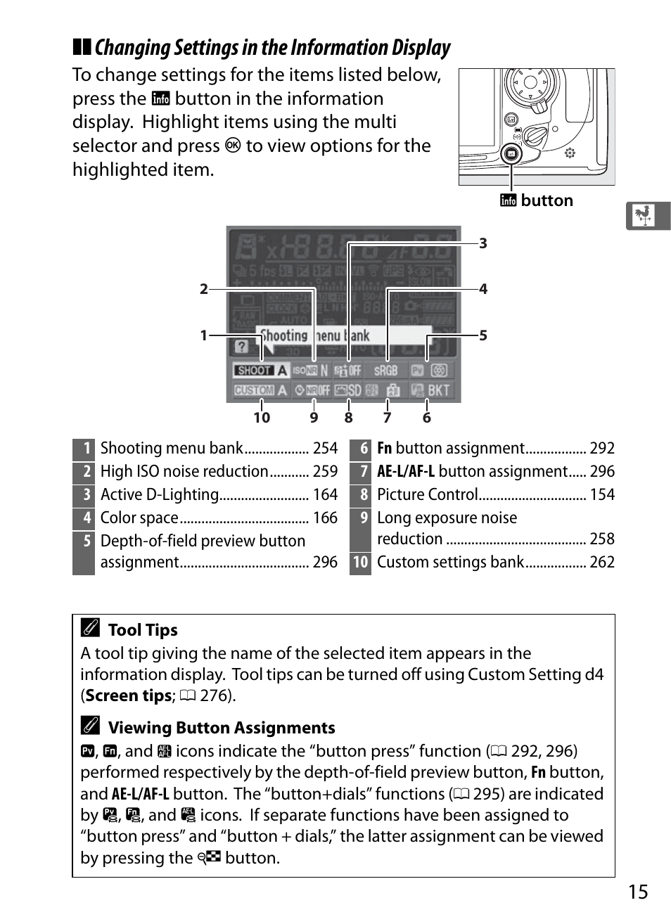 Changing settings in the information display | Nikon D300s User Manual | Page 41 / 432