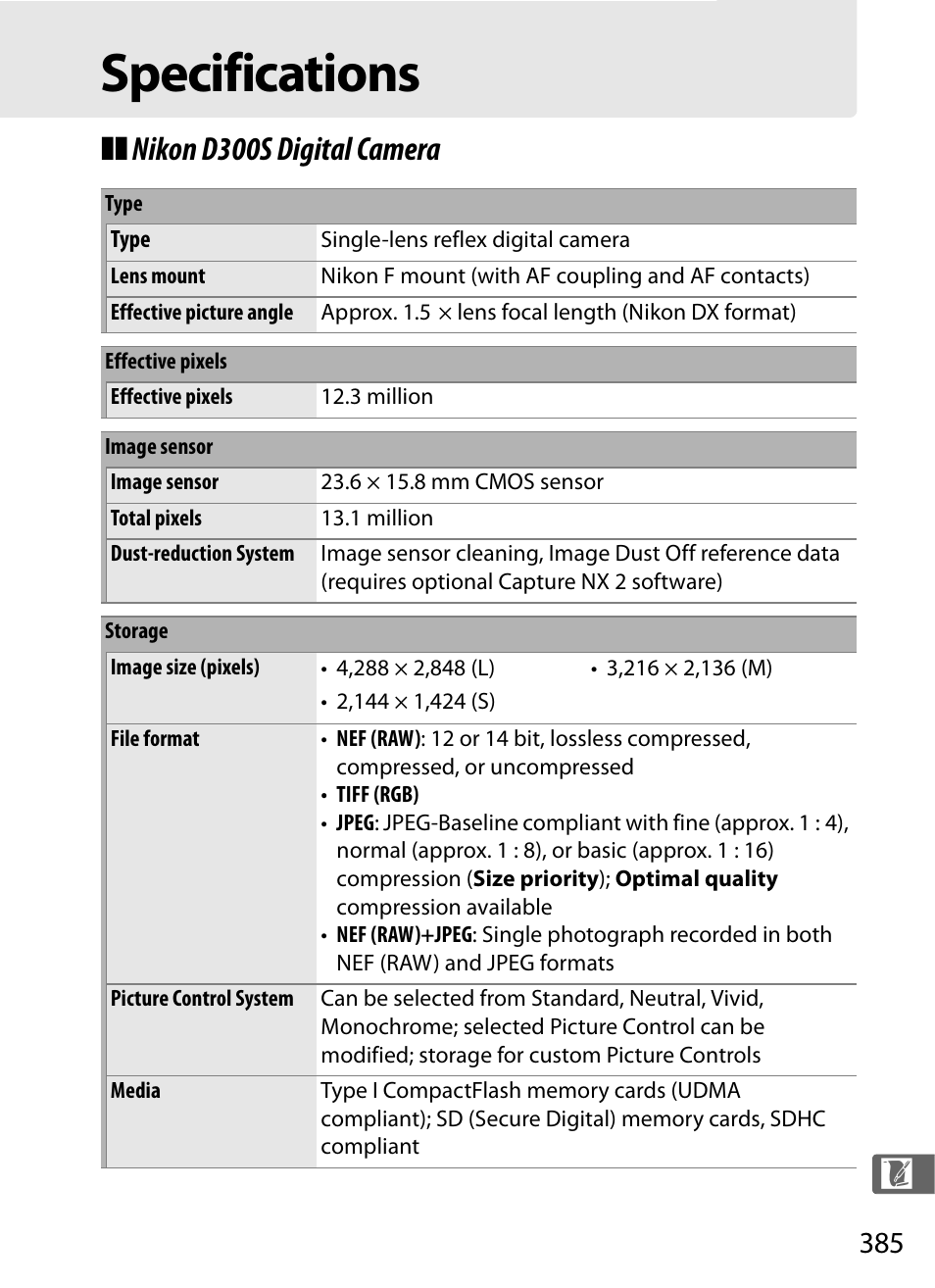 Specifications, Nikon d300s digital camera | Nikon D300s User Manual | Page 411 / 432