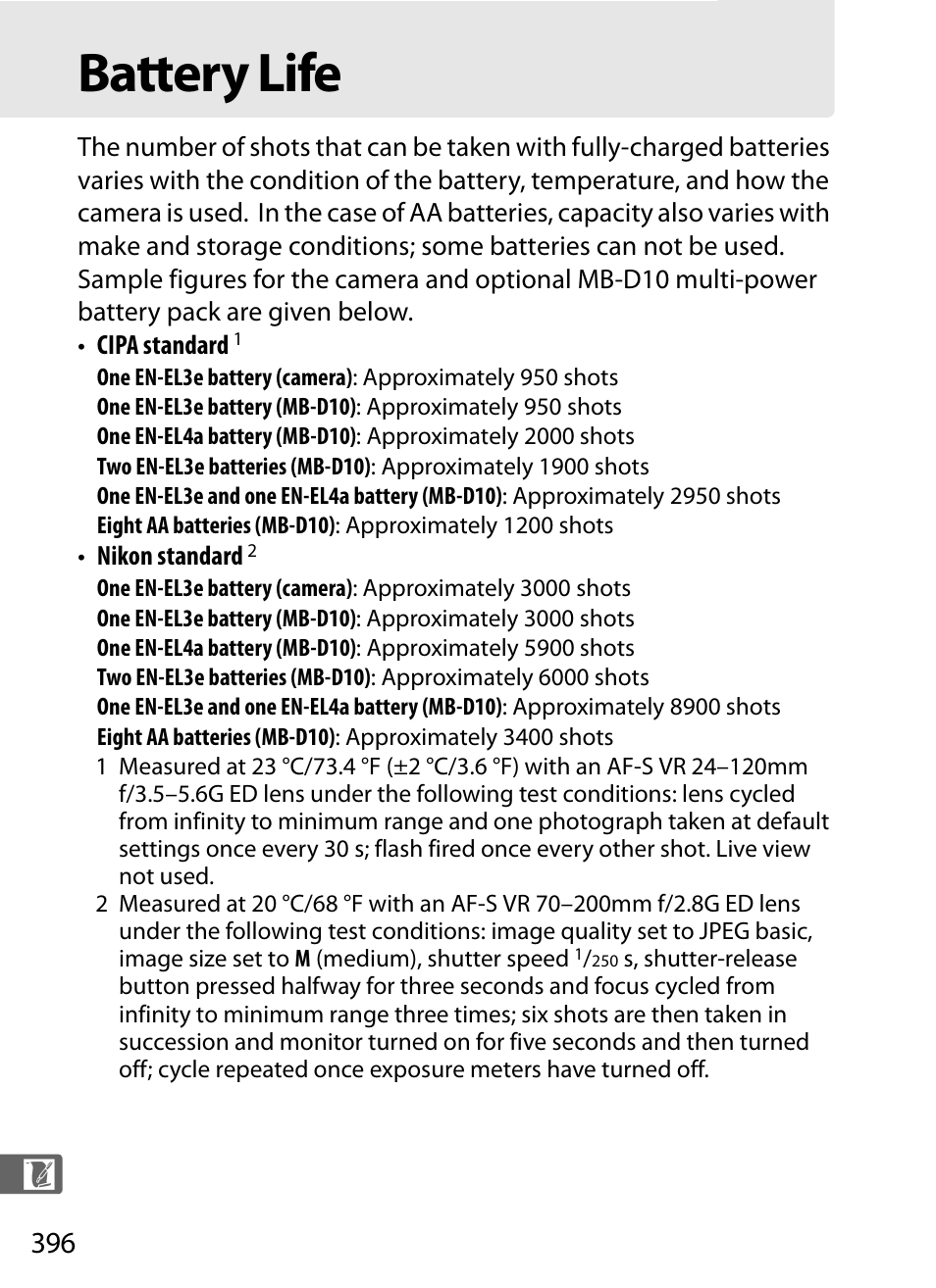 Battery life | Nikon D300s User Manual | Page 422 / 432