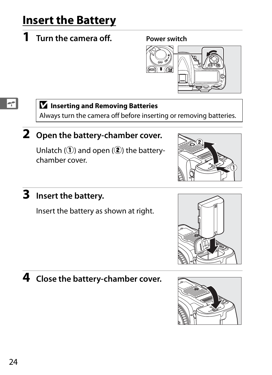 Insert the battery | Nikon D300s User Manual | Page 50 / 432