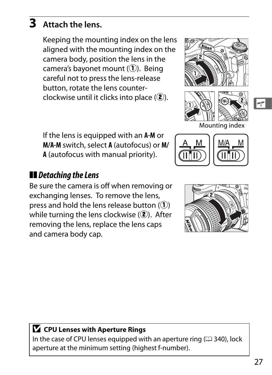 Detaching the lens | Nikon D300s User Manual | Page 53 / 432