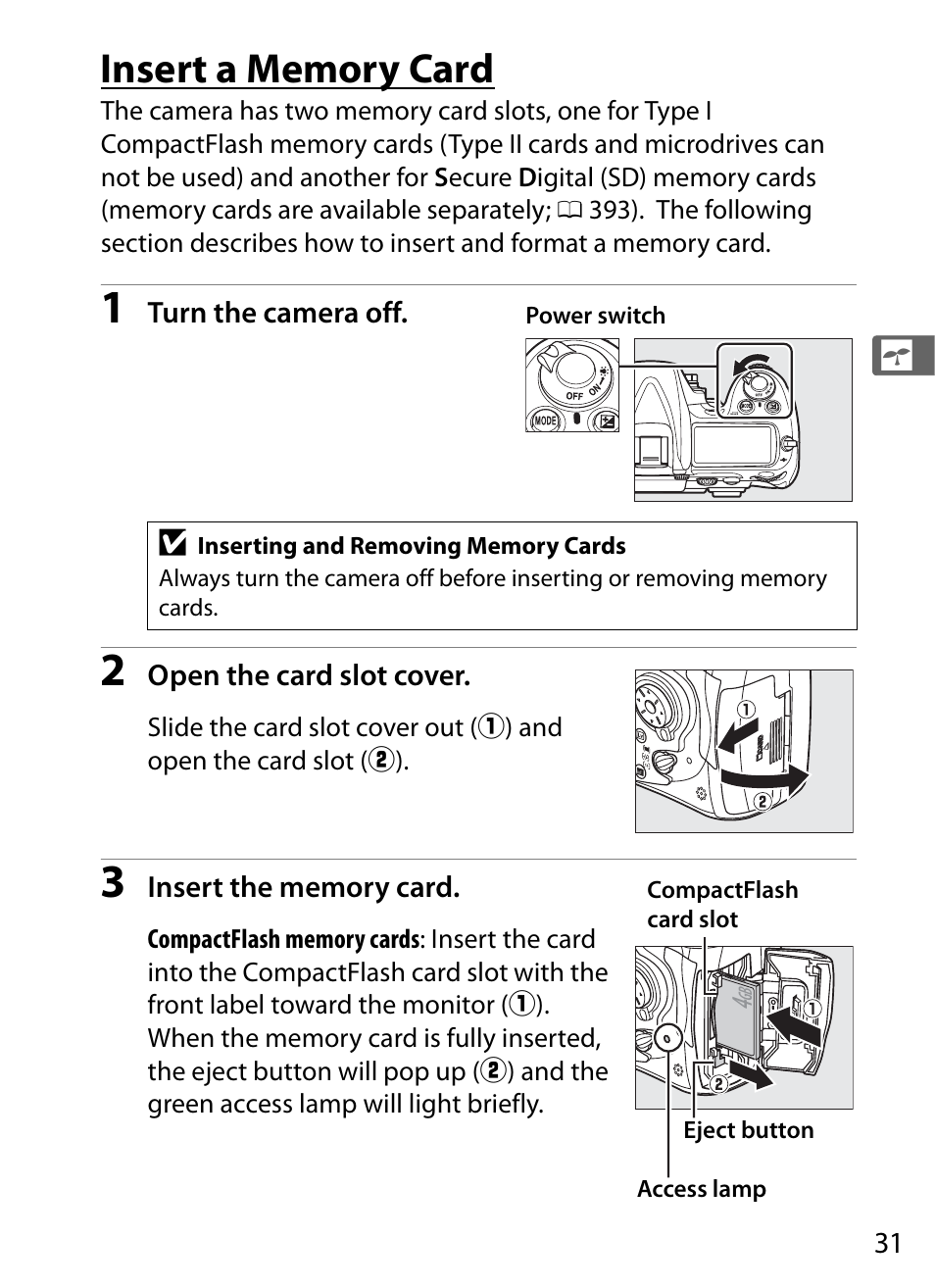 Insert a memory card | Nikon D300s User Manual | Page 57 / 432