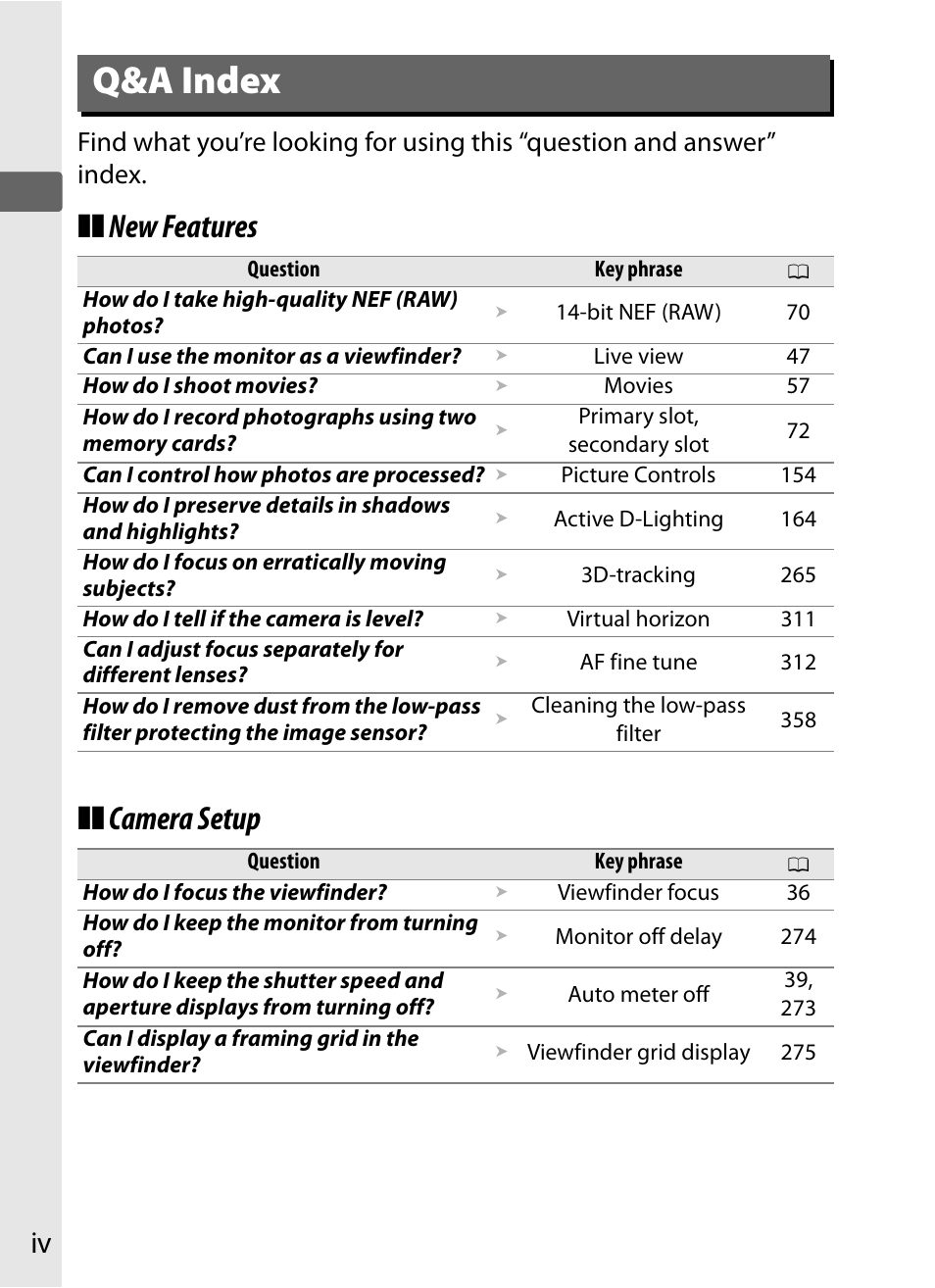 Q&a index, New features ❚❚ camera setup | Nikon D300s User Manual | Page 6 / 432