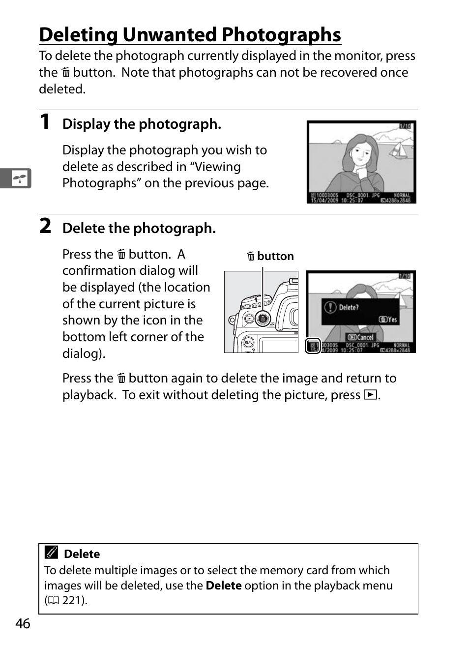 Deleting unwanted photographs | Nikon D300s User Manual | Page 72 / 432