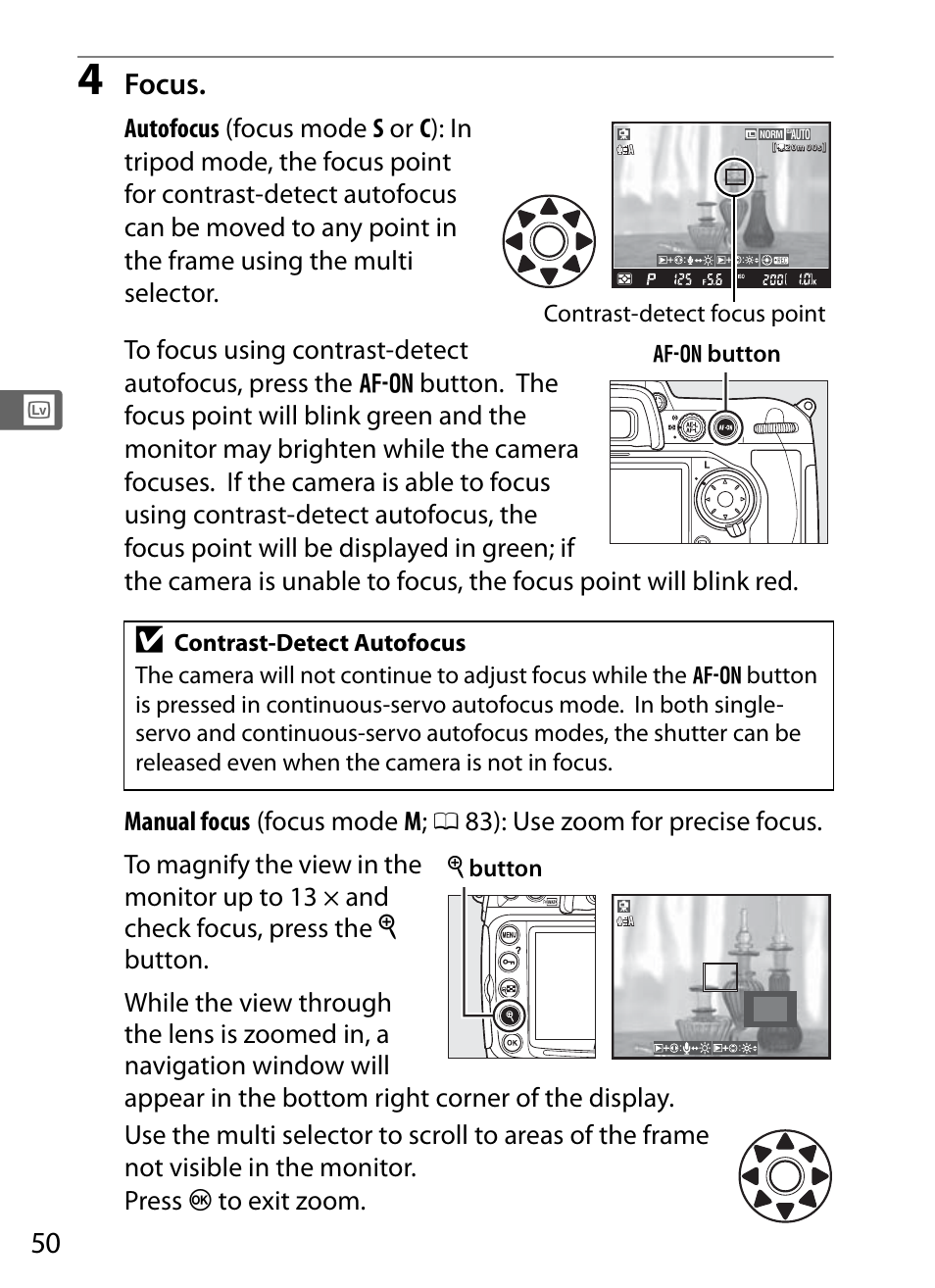 Focus, Contrast-detect focus point b button x button | Nikon D300s User Manual | Page 76 / 432