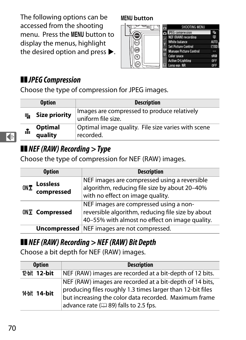 Jpeg compression, Nef (raw) recording > type, Nef (raw) recording > nef (raw) bit depth | Nikon D300s User Manual | Page 96 / 432