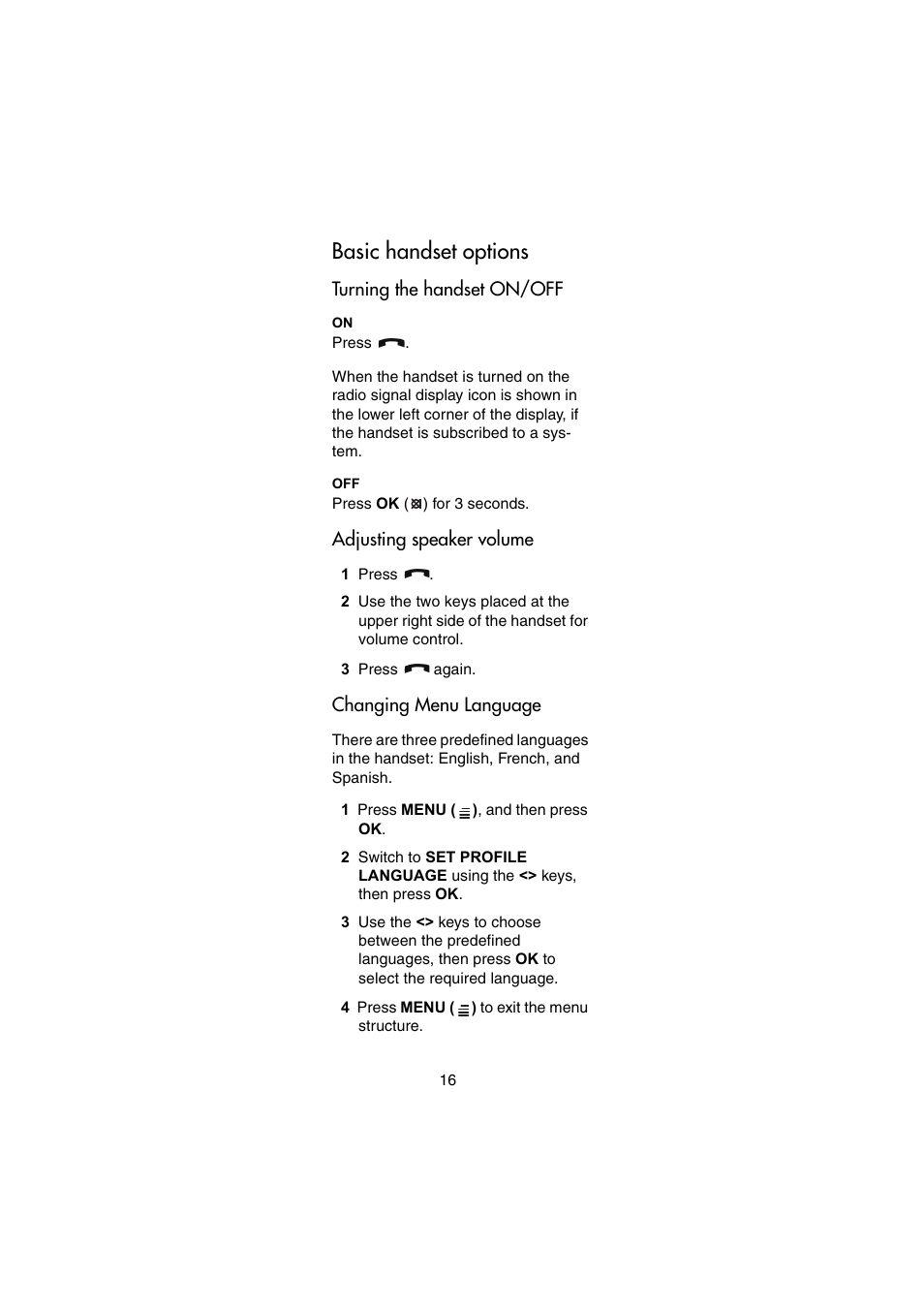 Basic handset options, Turning the handset on/off, Adjusting speaker volume | Changing menu language | Nortel Networks Passport 7420 User Manual | Page 16 / 50