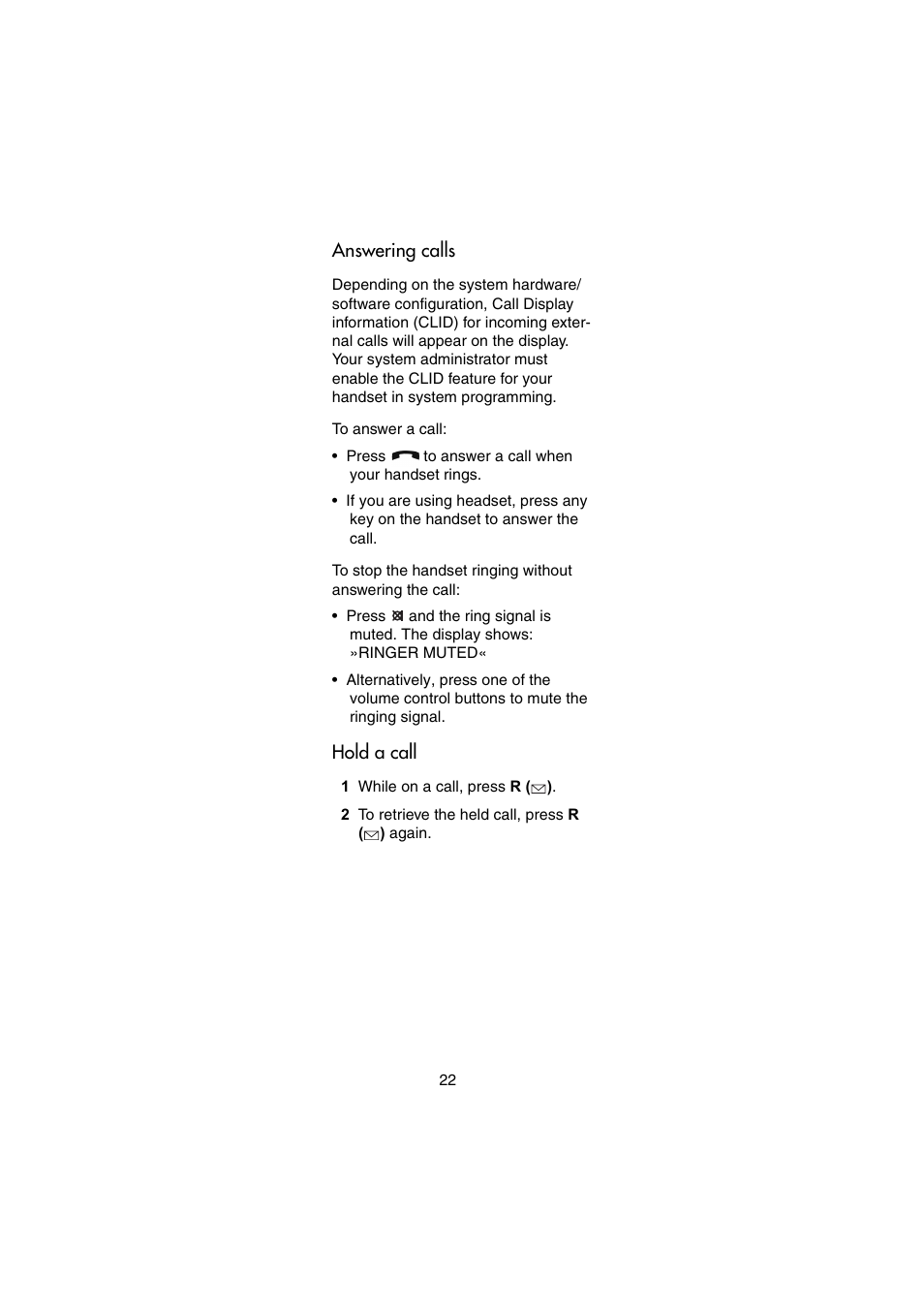 Answering calls, Hold a call, Answering calls hold a call | Nortel Networks Passport 7420 User Manual | Page 22 / 50