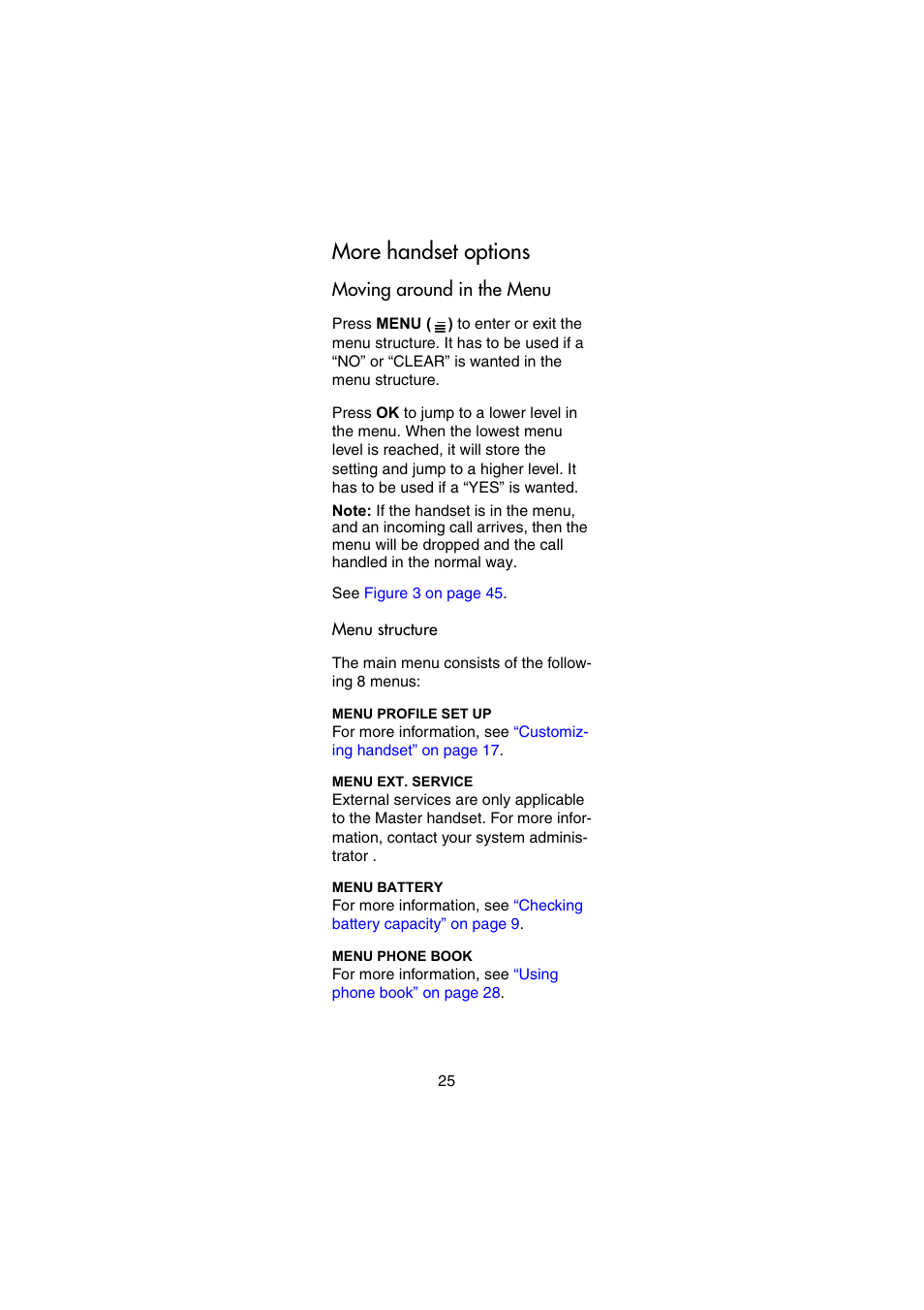 More handset options, Moving around in the menu, Menu structure | Nortel Networks Passport 7420 User Manual | Page 25 / 50