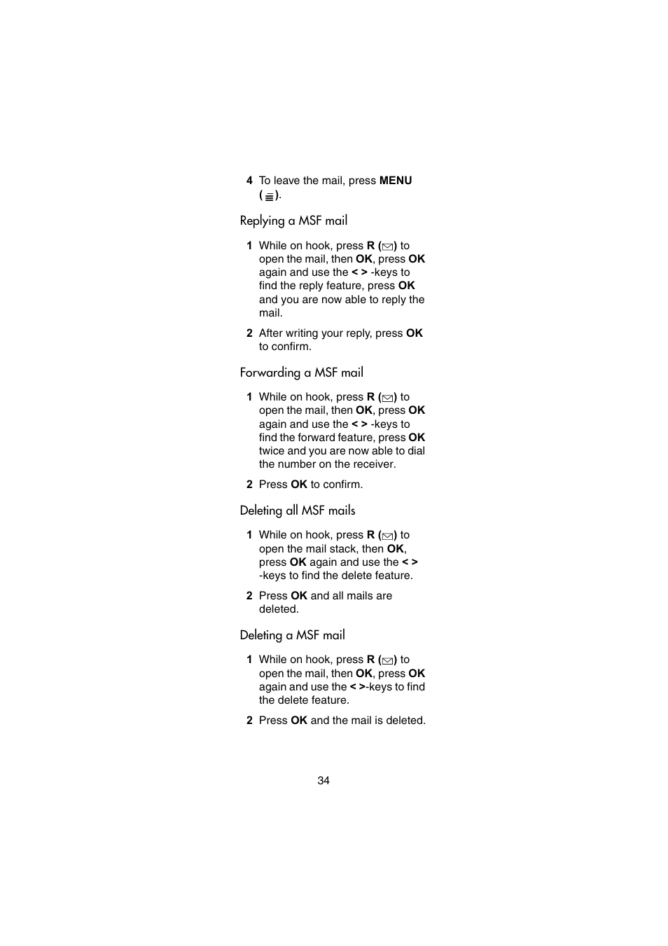 Replying a msf mail, Forwarding a msf mail, Deleting all msf mails | Deleting a msf mail | Nortel Networks Passport 7420 User Manual | Page 34 / 50