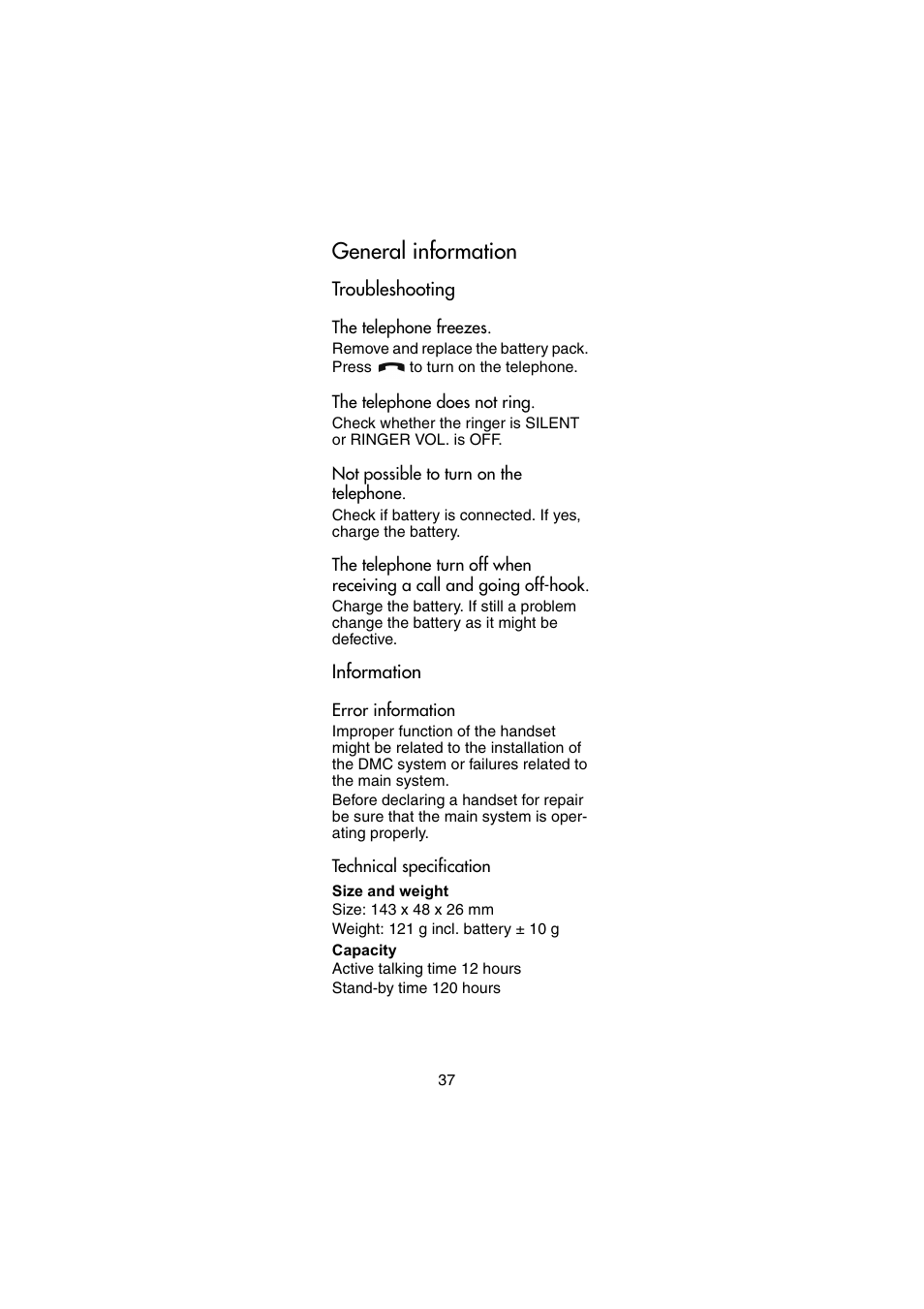 General information, Troubleshooting, The telephone freezes | The telephone does not ring, Not possible to turn on the telephone, Information, Error information, Technical specification, Troubleshooting information | Nortel Networks Passport 7420 User Manual | Page 37 / 50