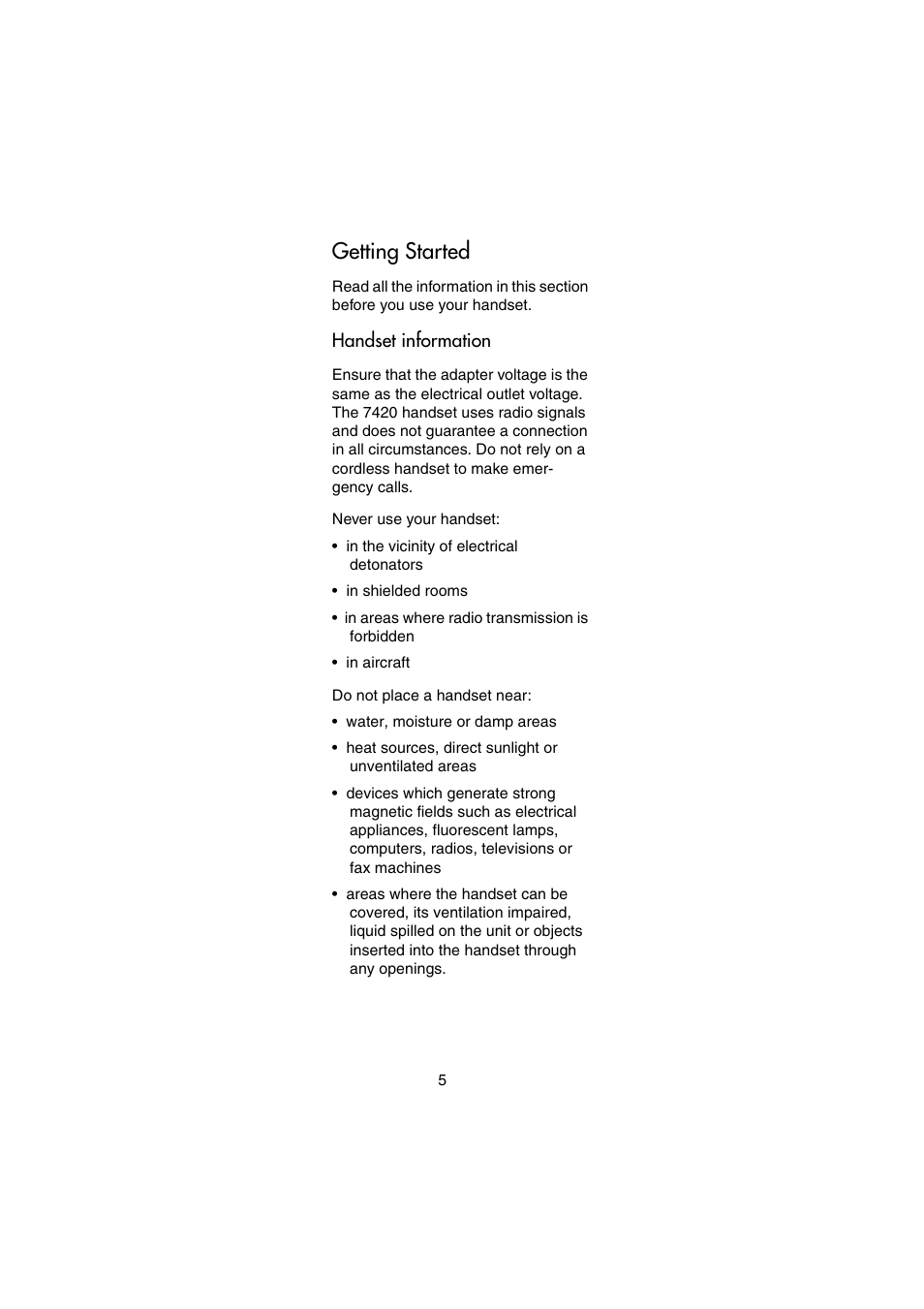 Getting started, Handset information | Nortel Networks Passport 7420 User Manual | Page 5 / 50