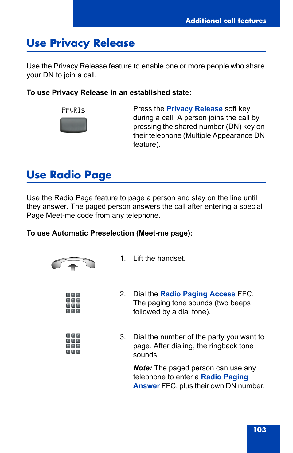 Use privacy release, Use radio page | Nortel Networks 2004 User Manual | Page 103 / 150