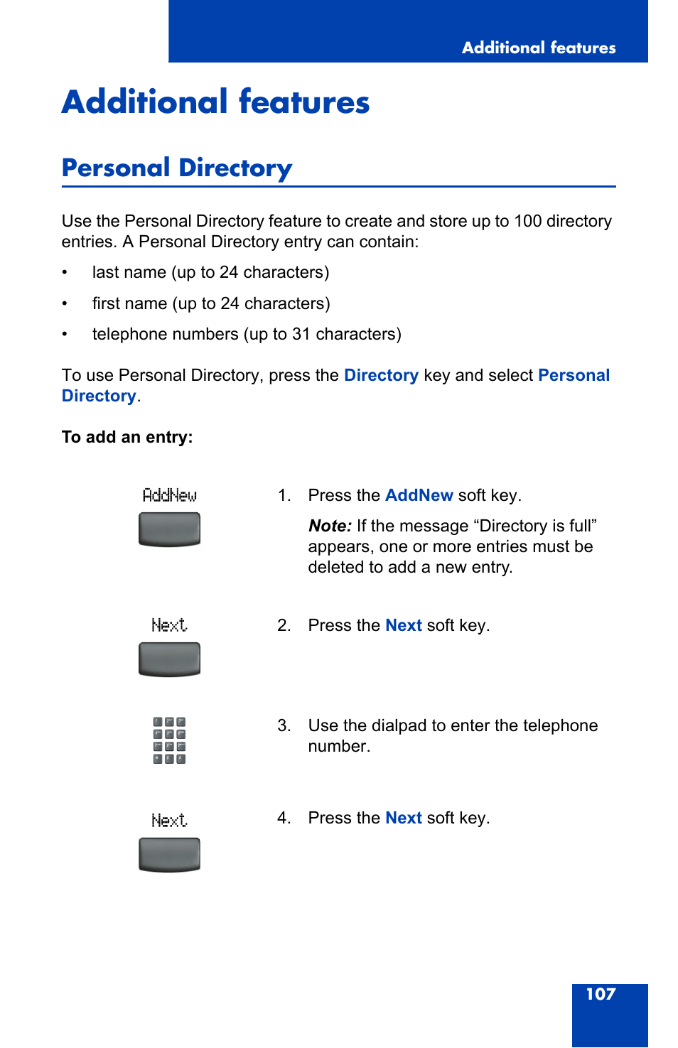 Additional features, Personal directory | Nortel Networks 2004 User Manual | Page 107 / 150