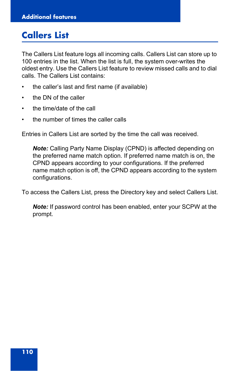 Callers list | Nortel Networks 2004 User Manual | Page 110 / 150