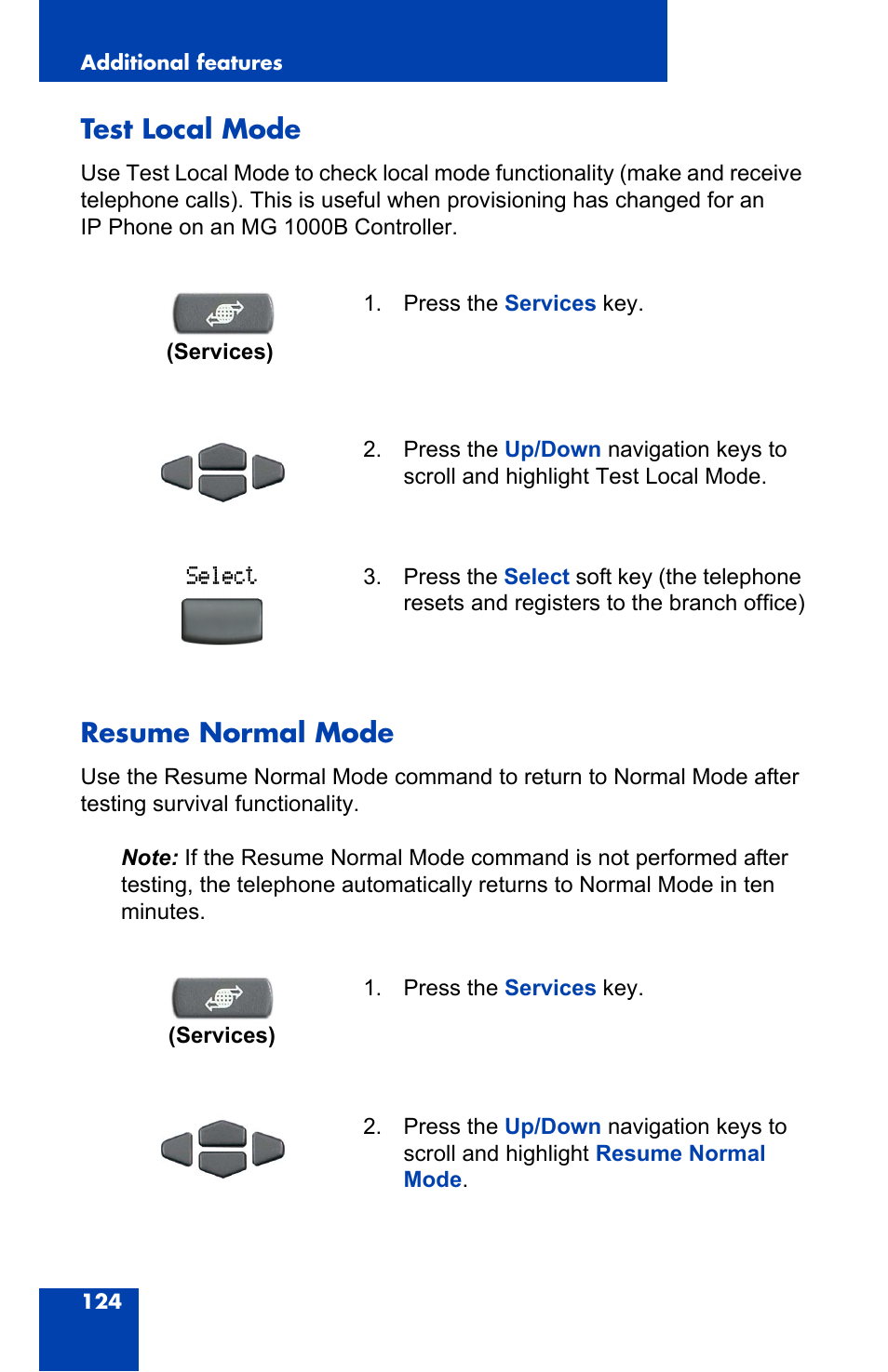 Test local mode, Resume normal mode, Test local mode resume normal mode | Nortel Networks 2004 User Manual | Page 124 / 150