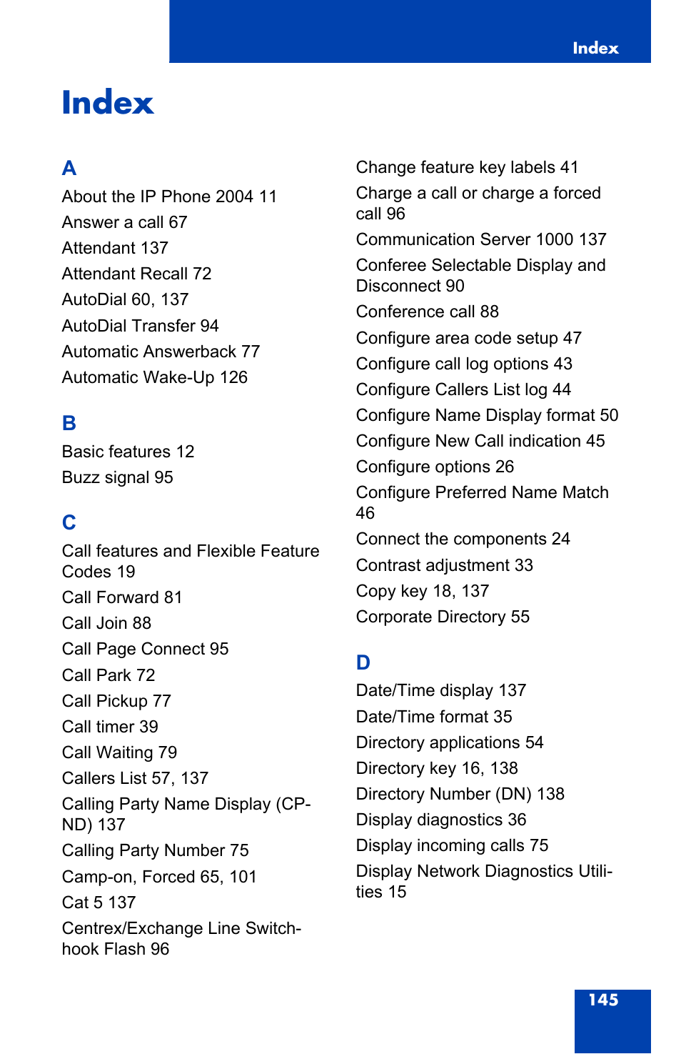 Index | Nortel Networks 2004 User Manual | Page 145 / 150