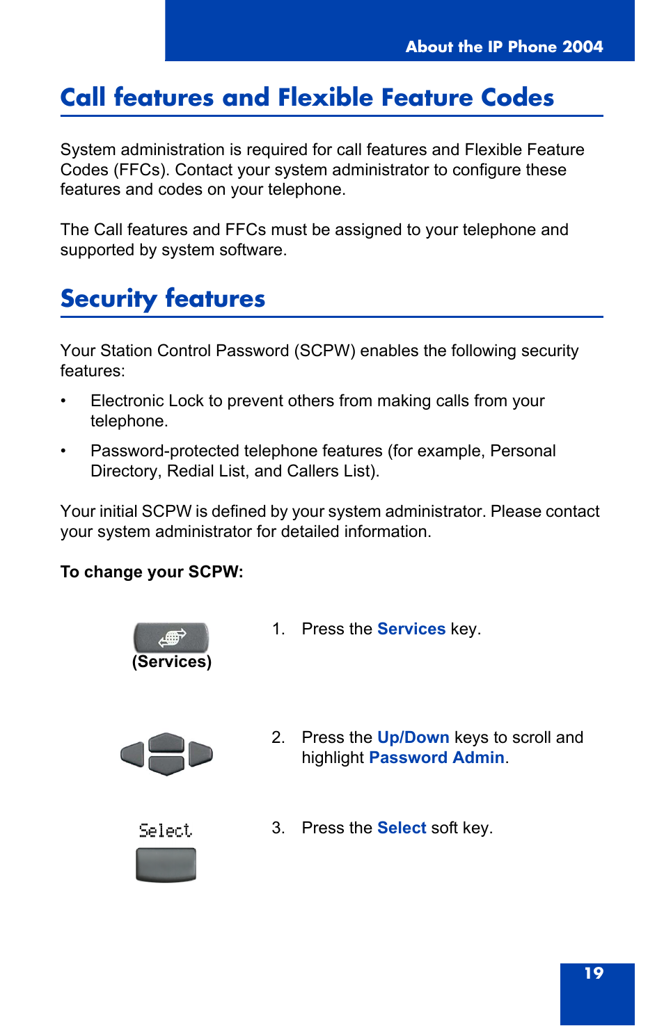 Call features and flexible feature codes, Security features | Nortel Networks 2004 User Manual | Page 19 / 150