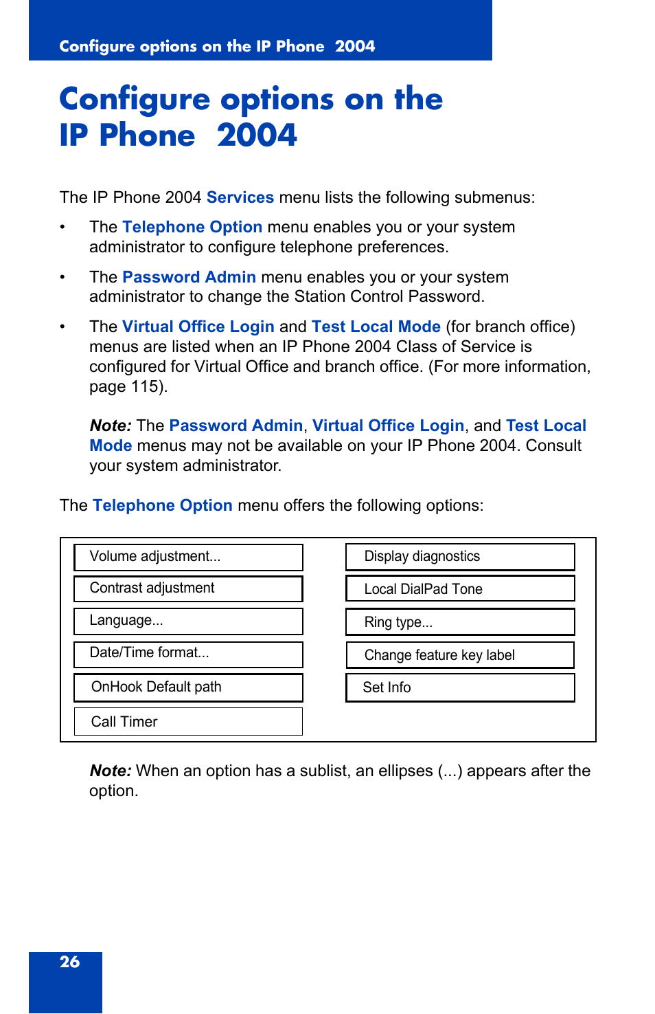 Configure options on the ip phone 2004 | Nortel Networks 2004 User Manual | Page 26 / 150