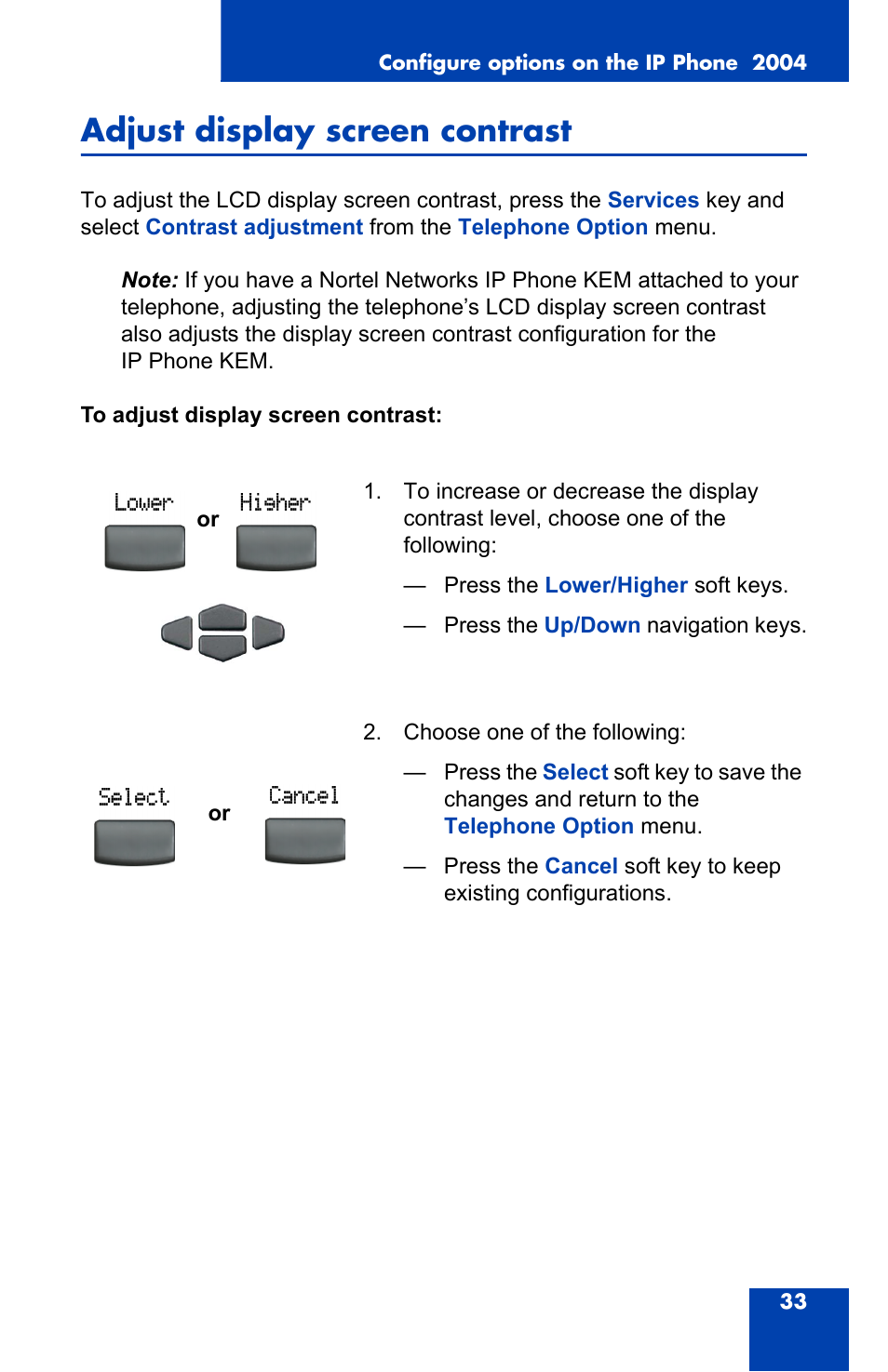 Adjust display screen contrast | Nortel Networks 2004 User Manual | Page 33 / 150