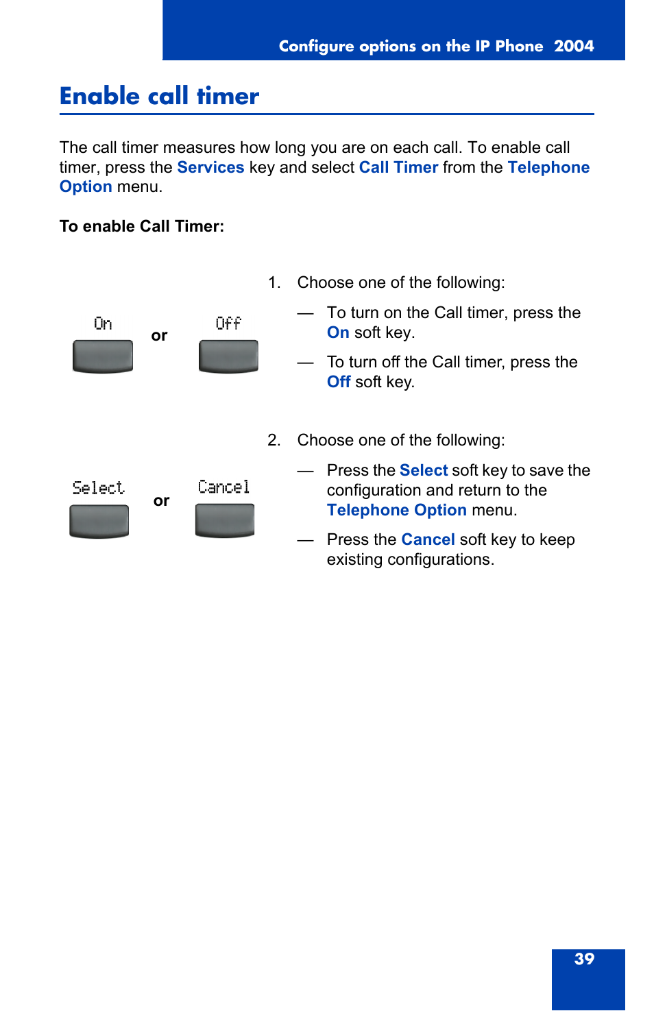 Enable call timer | Nortel Networks 2004 User Manual | Page 39 / 150