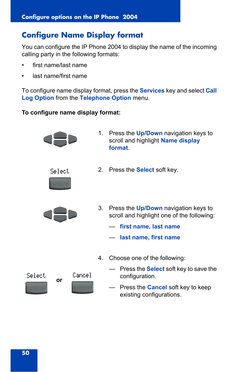 Configure name display format | Nortel Networks 2004 User Manual | Page 50 / 150