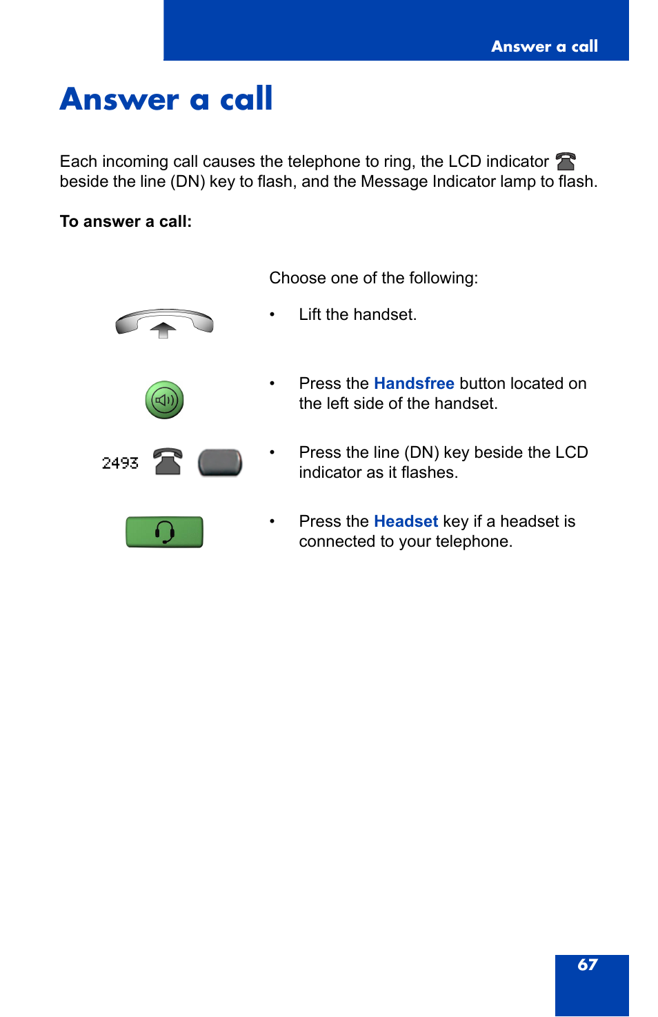 Answer a call | Nortel Networks 2004 User Manual | Page 67 / 150