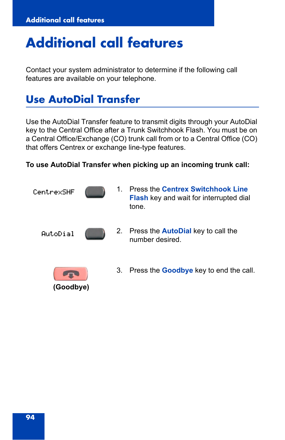 Additional call features, Use autodial transfer | Nortel Networks 2004 User Manual | Page 94 / 150