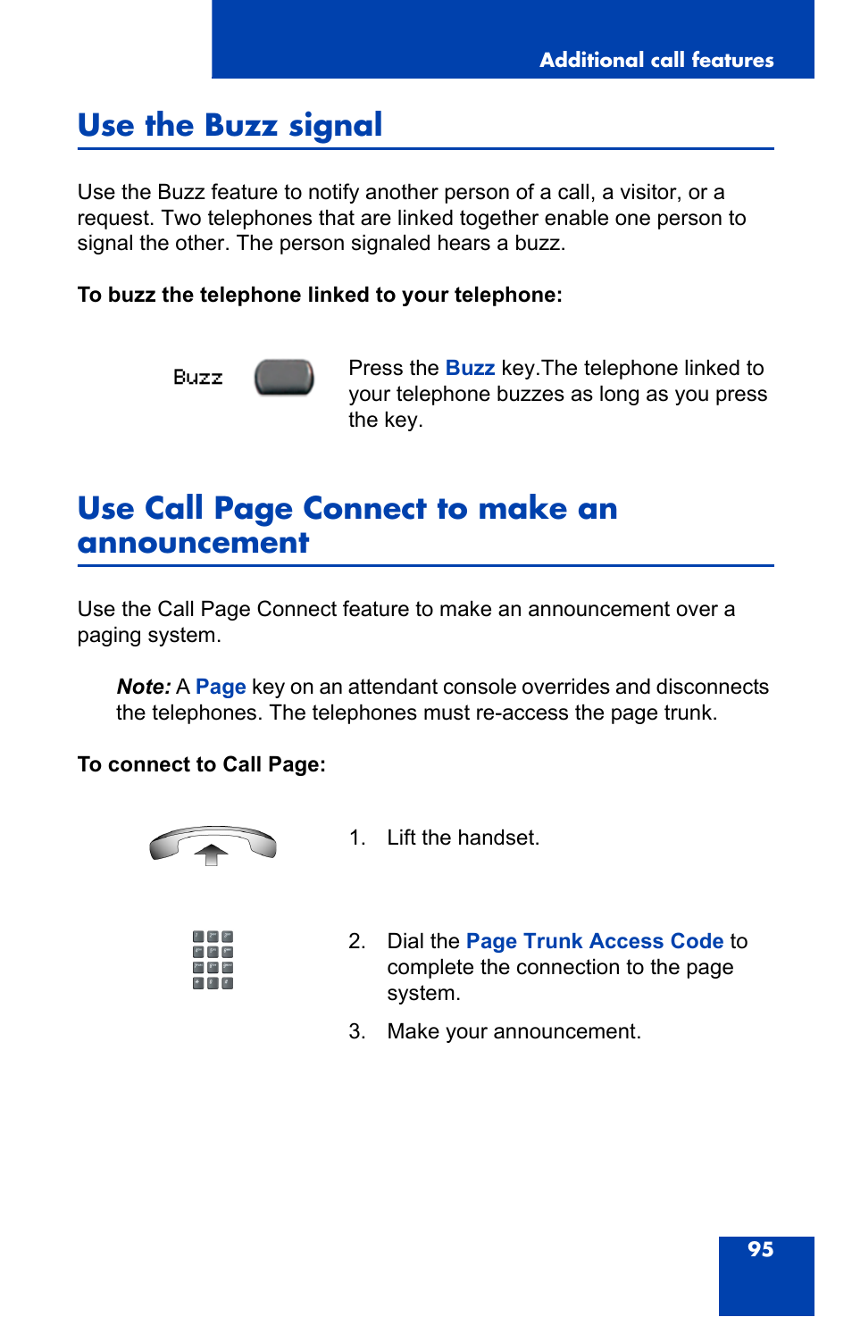 Use the buzz signal, Use call page connect to make an announcement | Nortel Networks 2004 User Manual | Page 95 / 150