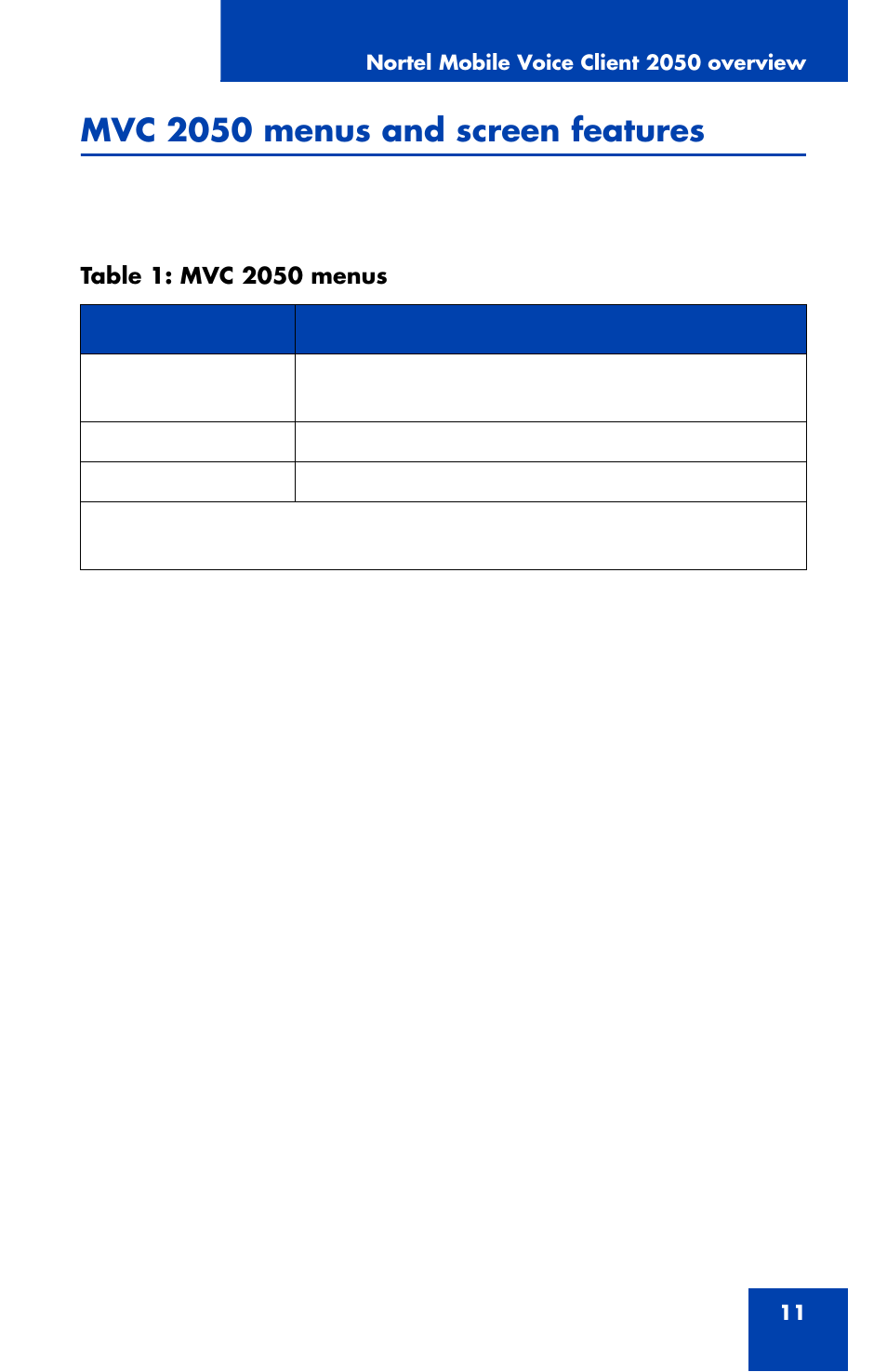 Mvc 2050 menus and screen features | Nortel Networks NN42340-100 User Manual | Page 11 / 88