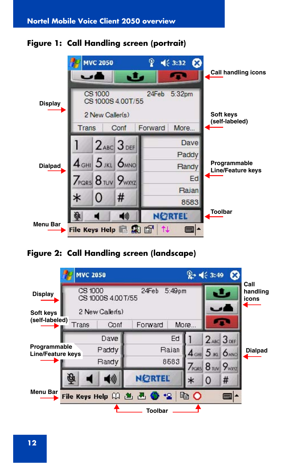 Nürtel, Figure 1: call handling screen (portrait), Figure 2: call handling screen (landscape) | Nortel Networks NN42340-100 User Manual | Page 12 / 88