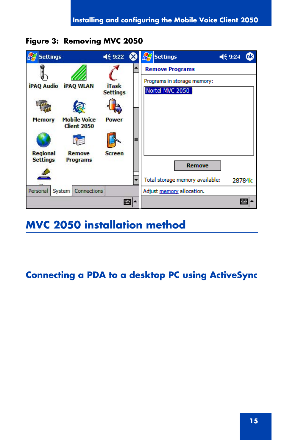 Mvc 2050 installation method, Connecting a pda to a desktop pc using activesync | Nortel Networks NN42340-100 User Manual | Page 15 / 88