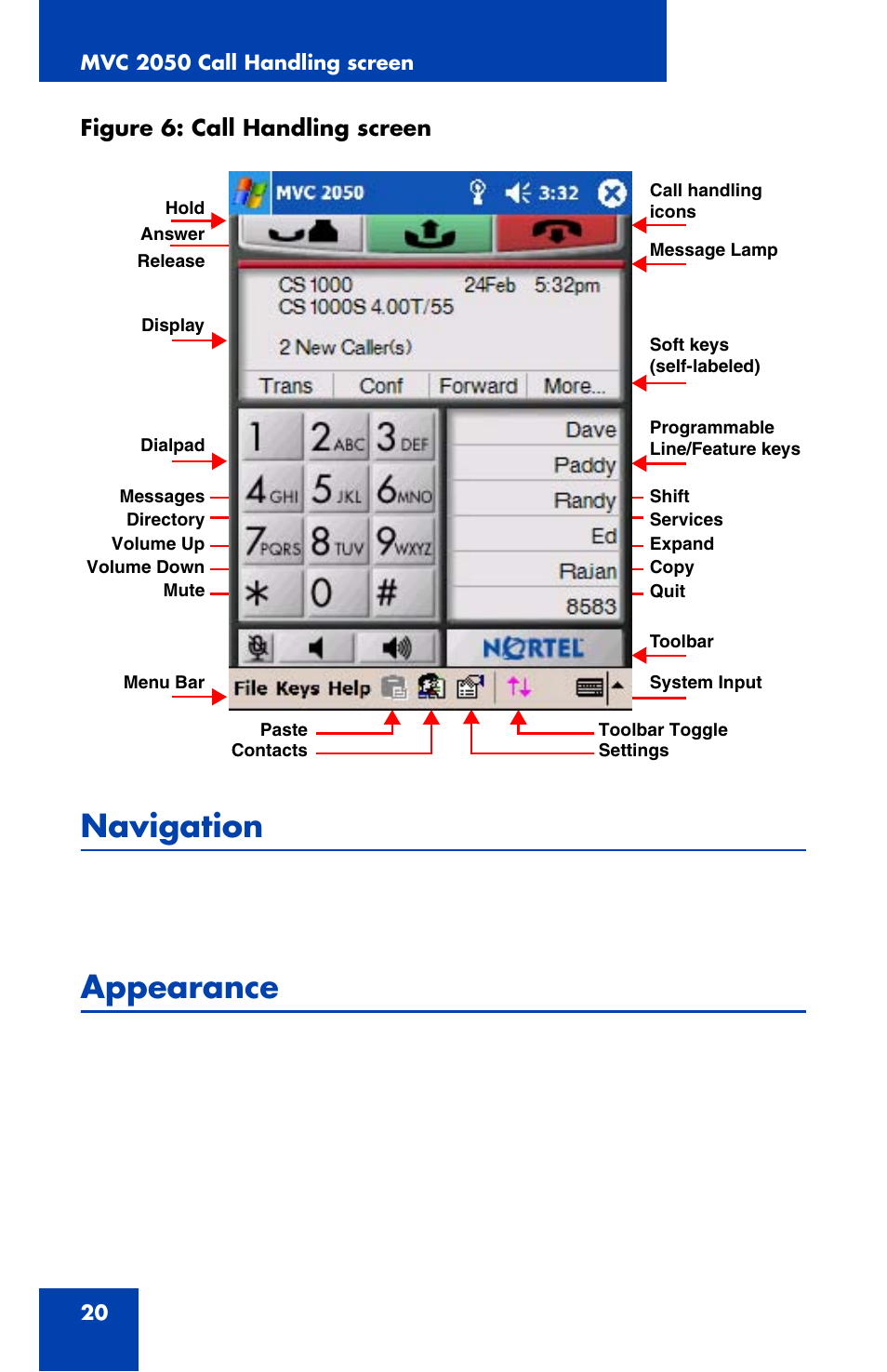 Navigation, Appearance, Figure 6: call handling screen | Nortel Networks NN42340-100 User Manual | Page 20 / 88