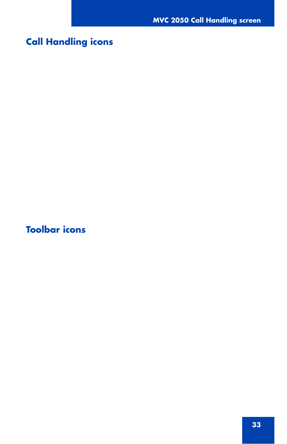 Call handling icons, Hold, Goodbye | Toolbar icons | Nortel Networks NN42340-100 User Manual | Page 33 / 88