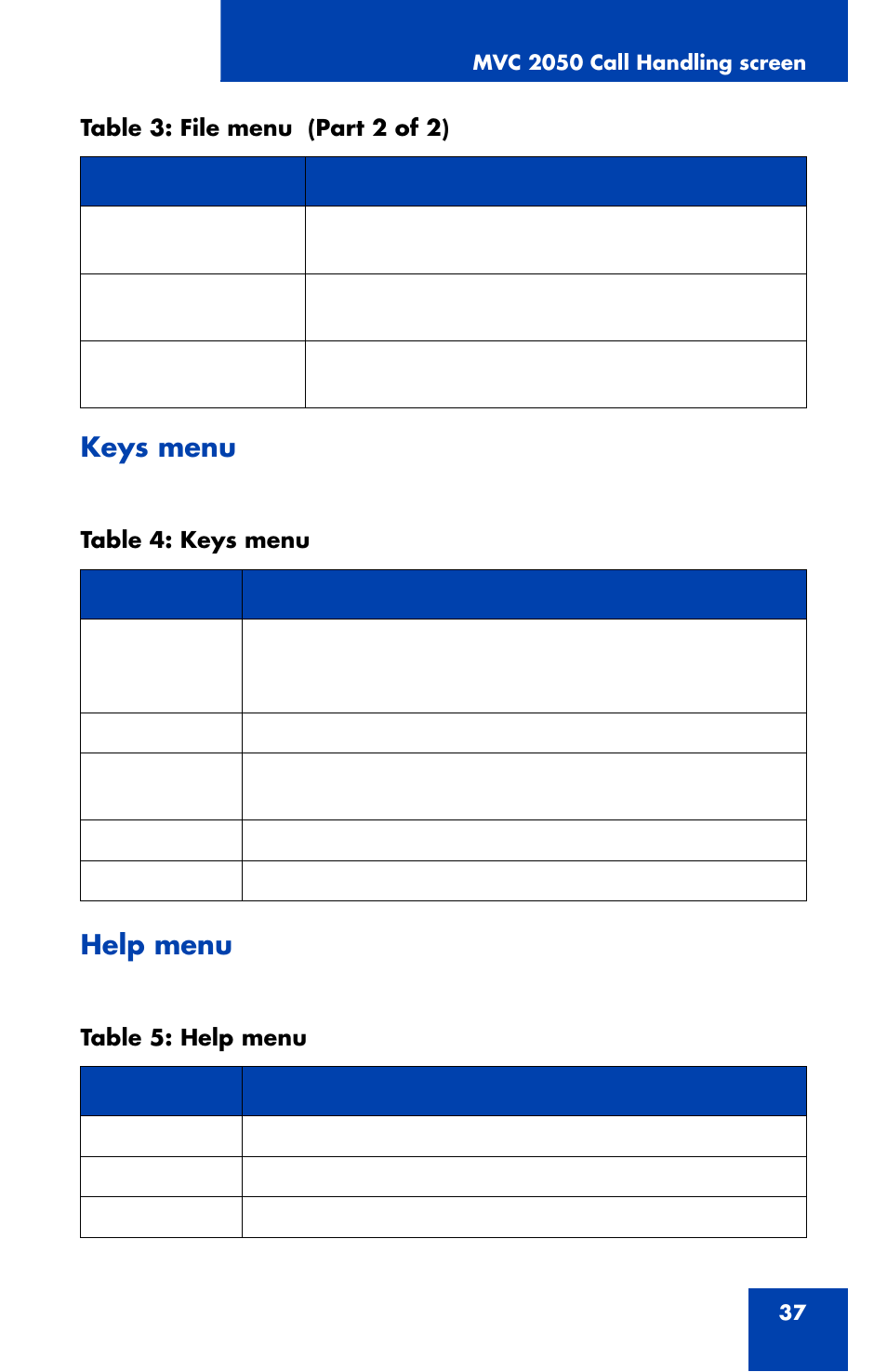 Keys menu, Help menu | Nortel Networks NN42340-100 User Manual | Page 37 / 88