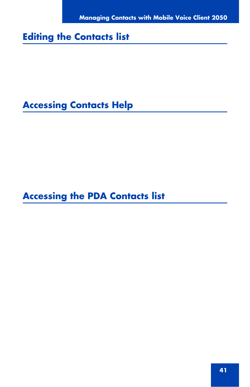 Editing the contacts list, Accessing contacts help, Accessing the pda contacts list | Nortel Networks NN42340-100 User Manual | Page 41 / 88