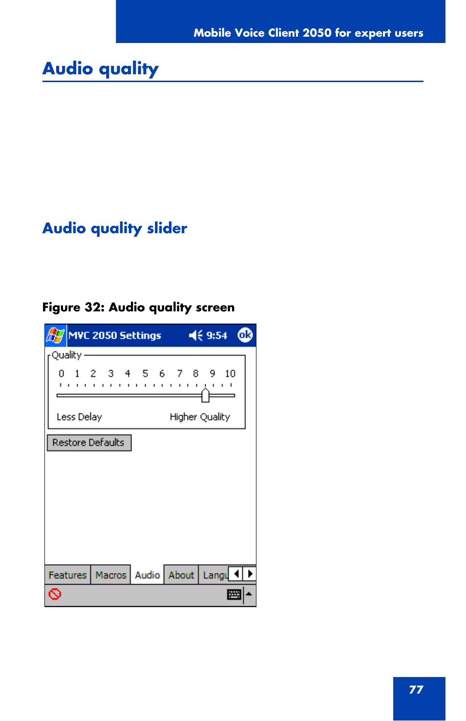 Audio quality, Audio quality slider | Nortel Networks NN42340-100 User Manual | Page 77 / 88