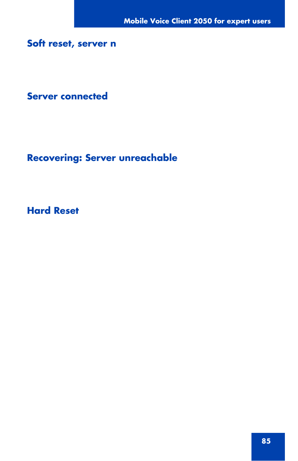 Soft reset, server n, Server connected, Recovering: server unreachable | Hard reset | Nortel Networks NN42340-100 User Manual | Page 85 / 88