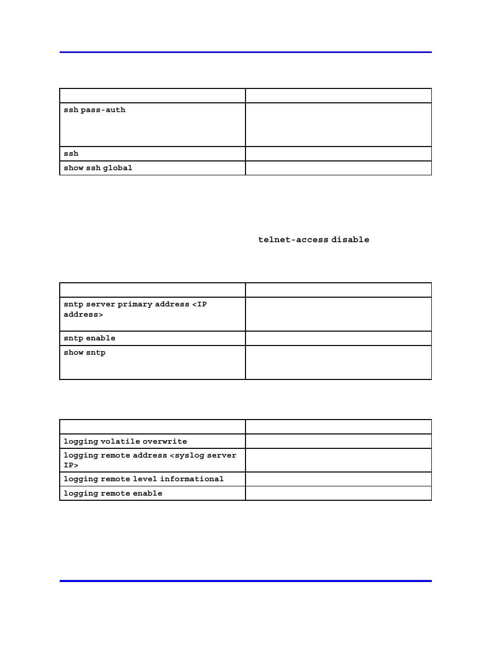 Configure secure shell (ssh), Configure telnet, Configure simple network time protocol (sntp) | Configure log settings, Configure secure socket layer (ssl) | Nortel Networks 2500 Series User Manual | Page 74 / 78