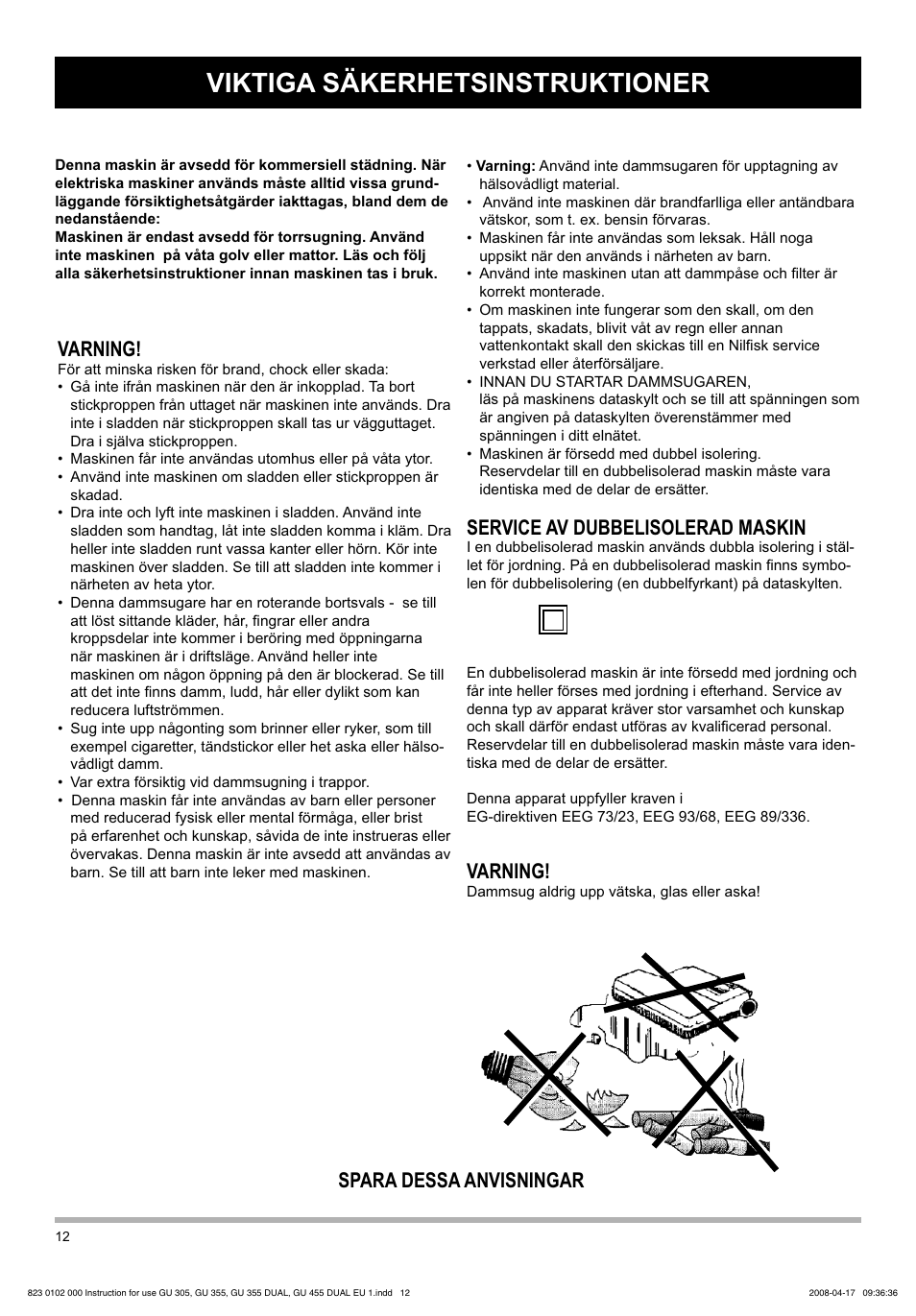 Viktiga säkerhetsinstruktioner, Service av dubbelisolerad maskin, Spara dessa anvisningar varning | Varning | Nilfisk-Advance America GU 15 SMU User Manual | Page 12 / 92