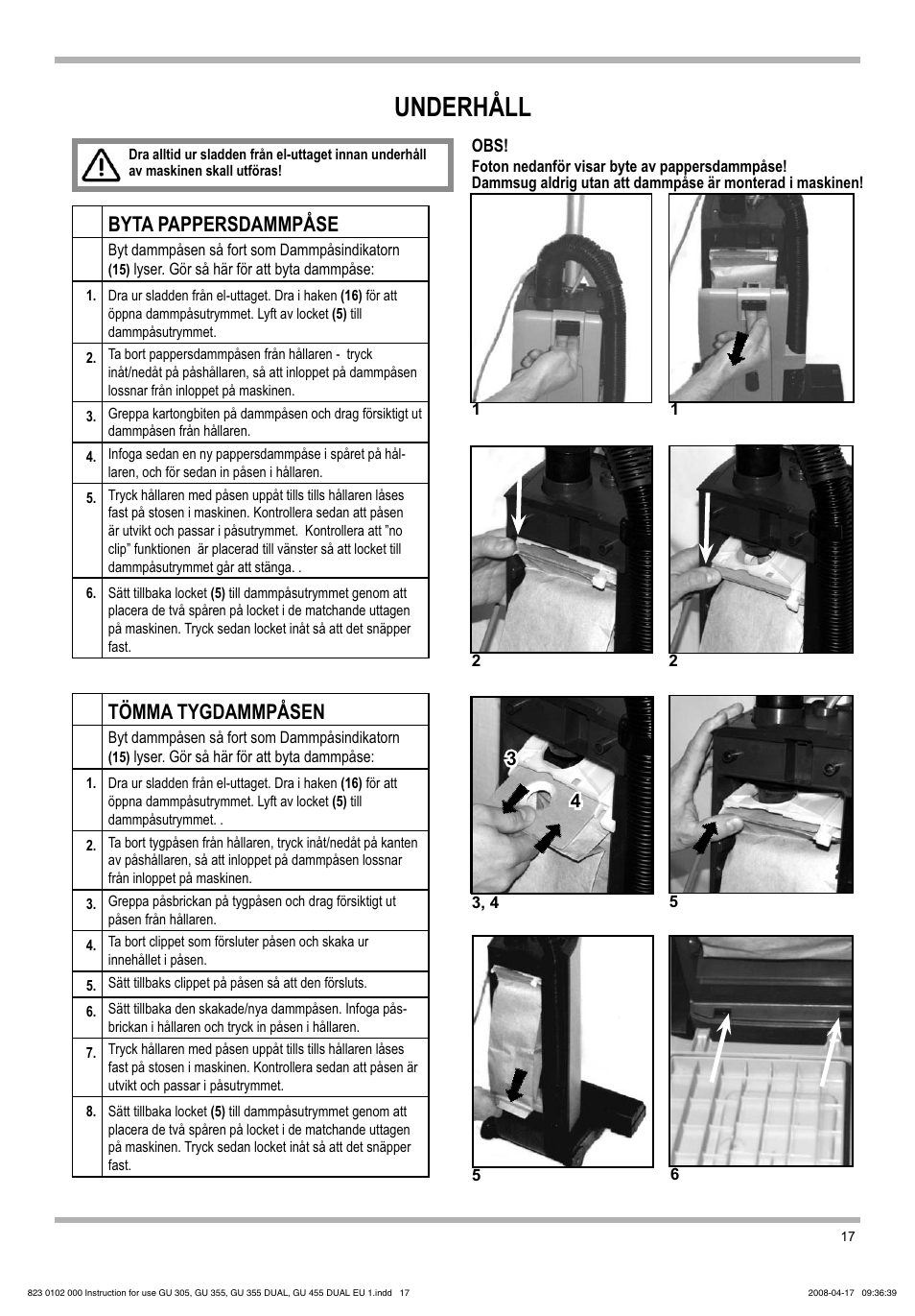 Underhåll, Byta pappersdammpåse, Tömma tygdammpåsen | Nilfisk-Advance America GU 15 SMU User Manual | Page 17 / 92