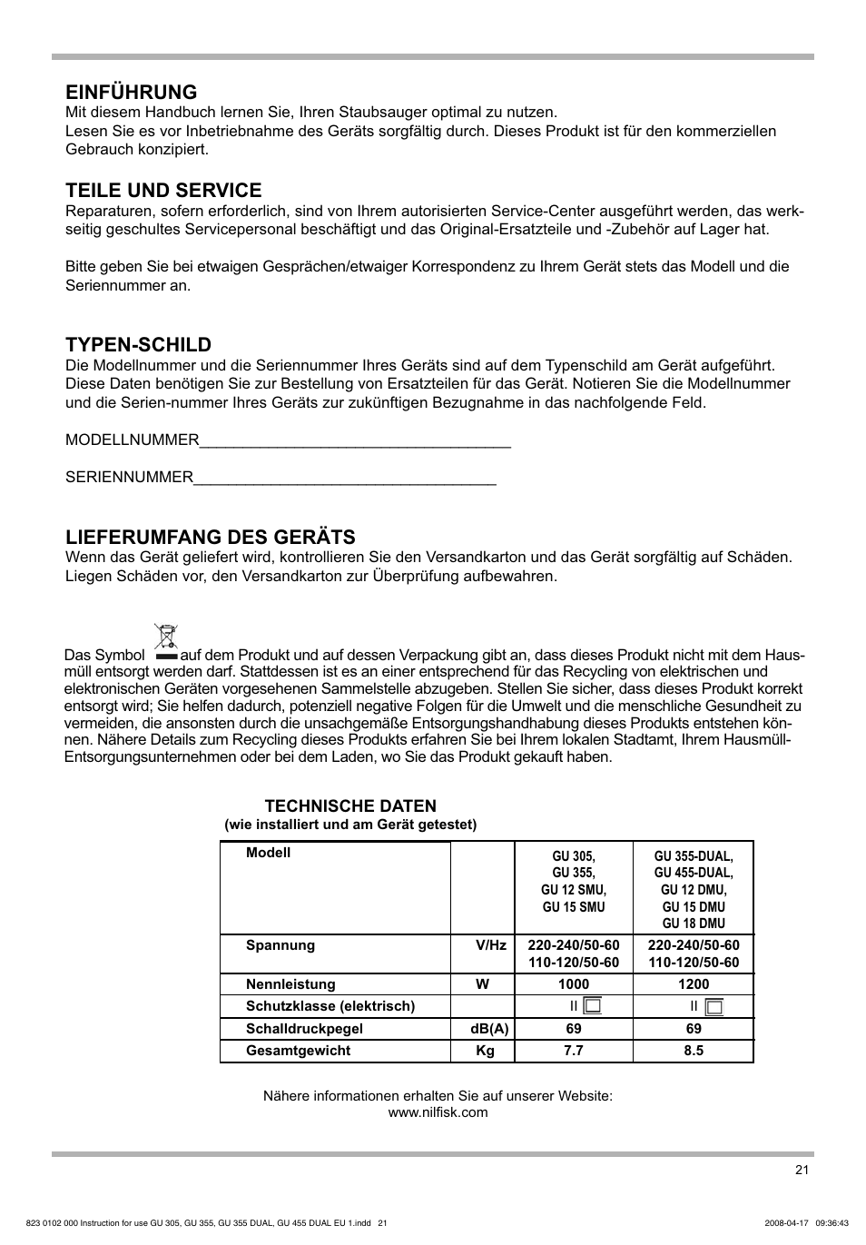 Einführung, Teile und service, Typen-schild | Lieferumfang des geräts | Nilfisk-Advance America GU 15 SMU User Manual | Page 21 / 92