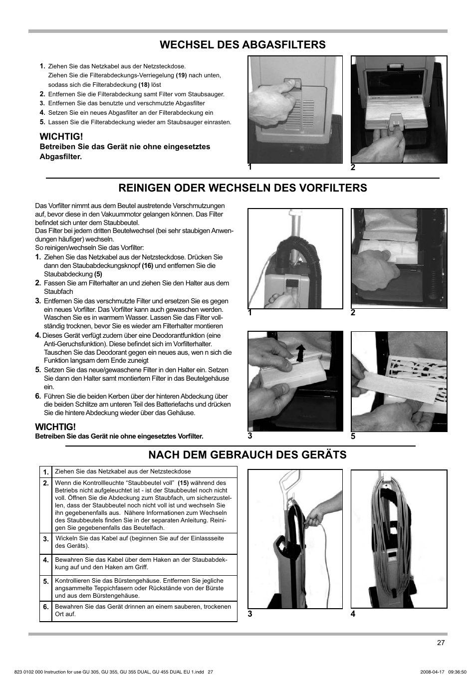 Wechsel des abgasfilters, Wichtig | Nilfisk-Advance America GU 15 SMU User Manual | Page 27 / 92