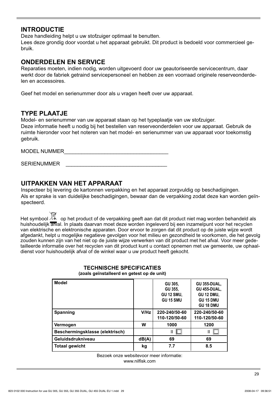 Introductie, Onderdelen en service, Type plaatje | Uitpakken van het apparaat | Nilfisk-Advance America GU 15 SMU User Manual | Page 29 / 92