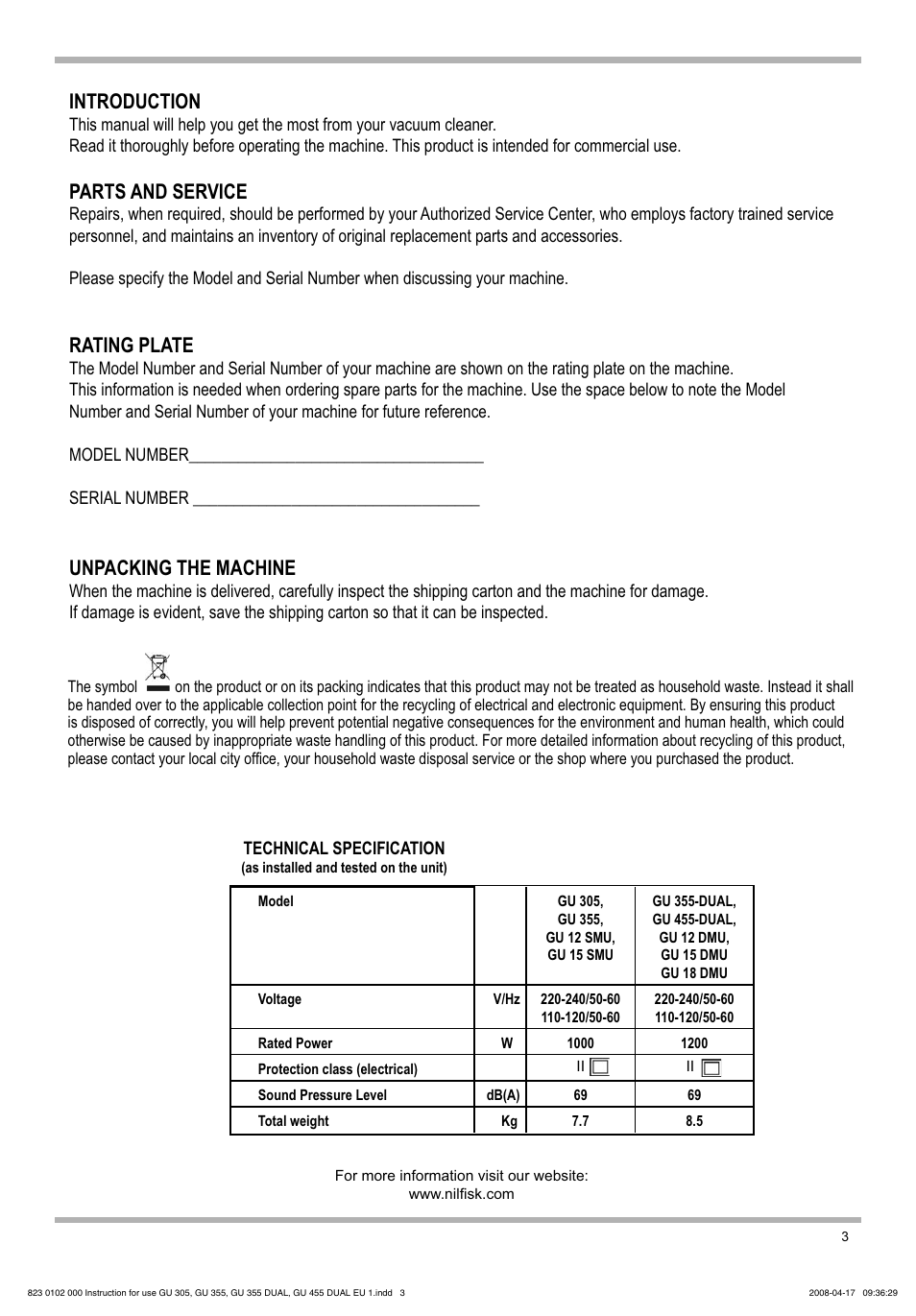 Introduction, Parts and service, Rating plate | Unpacking the machine | Nilfisk-Advance America GU 15 SMU User Manual | Page 3 / 92