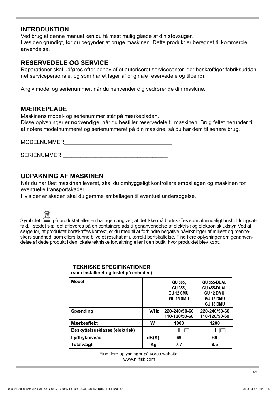 Introduktion, Reservedele og service, Mærkeplade | Udpakning af maskinen | Nilfisk-Advance America GU 15 SMU User Manual | Page 45 / 92