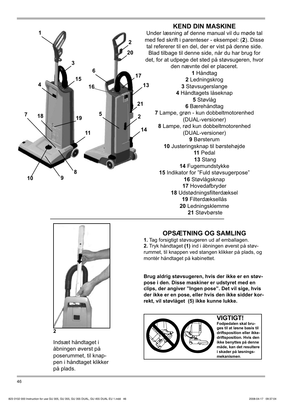 Kend din maskine, Opsætning og samling, Vigtigt | Nilfisk-Advance America GU 15 SMU User Manual | Page 46 / 92