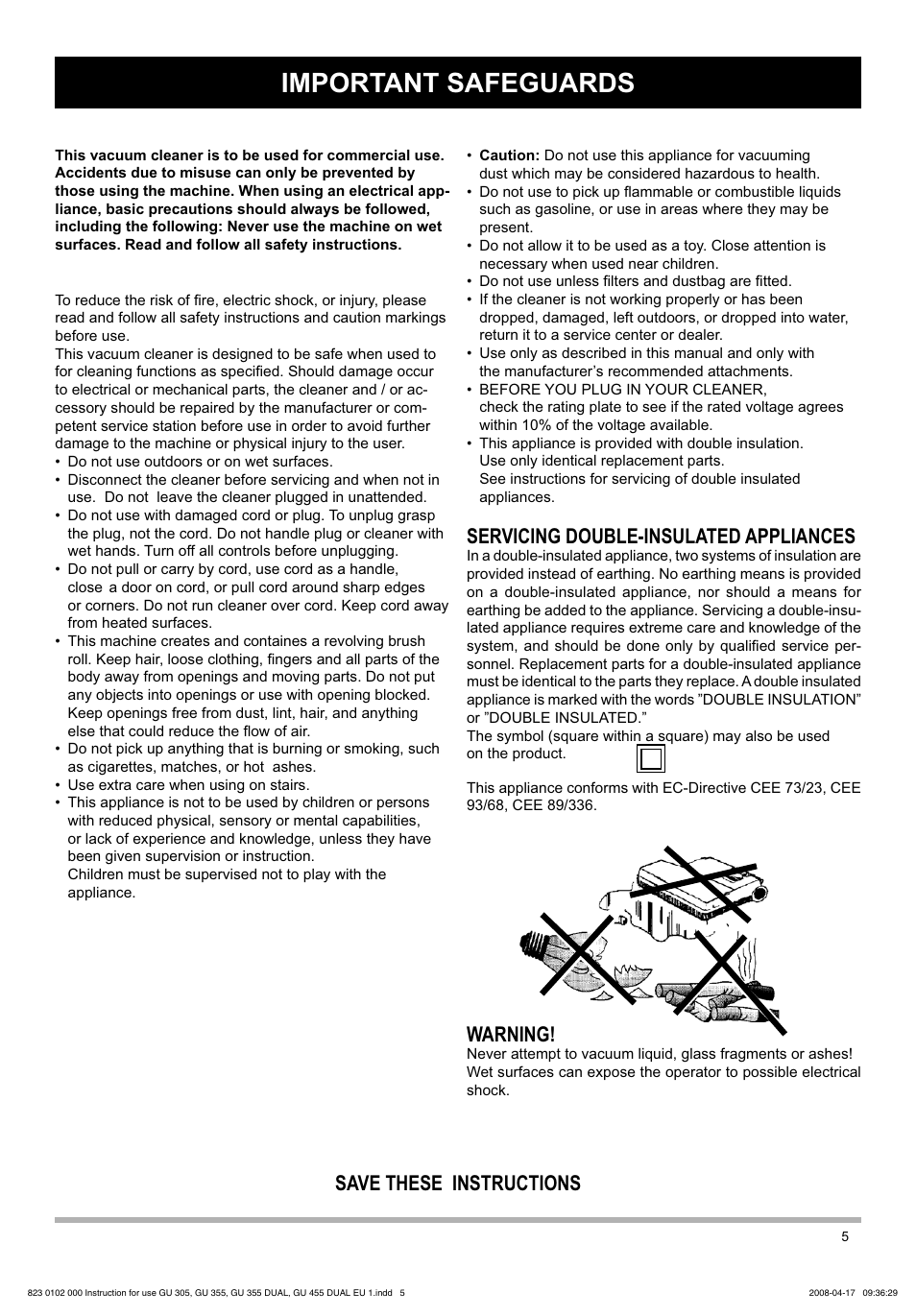 Important safeguards, Servicing double-insulated appliances, Save these instructions | Warning | Nilfisk-Advance America GU 15 SMU User Manual | Page 5 / 92