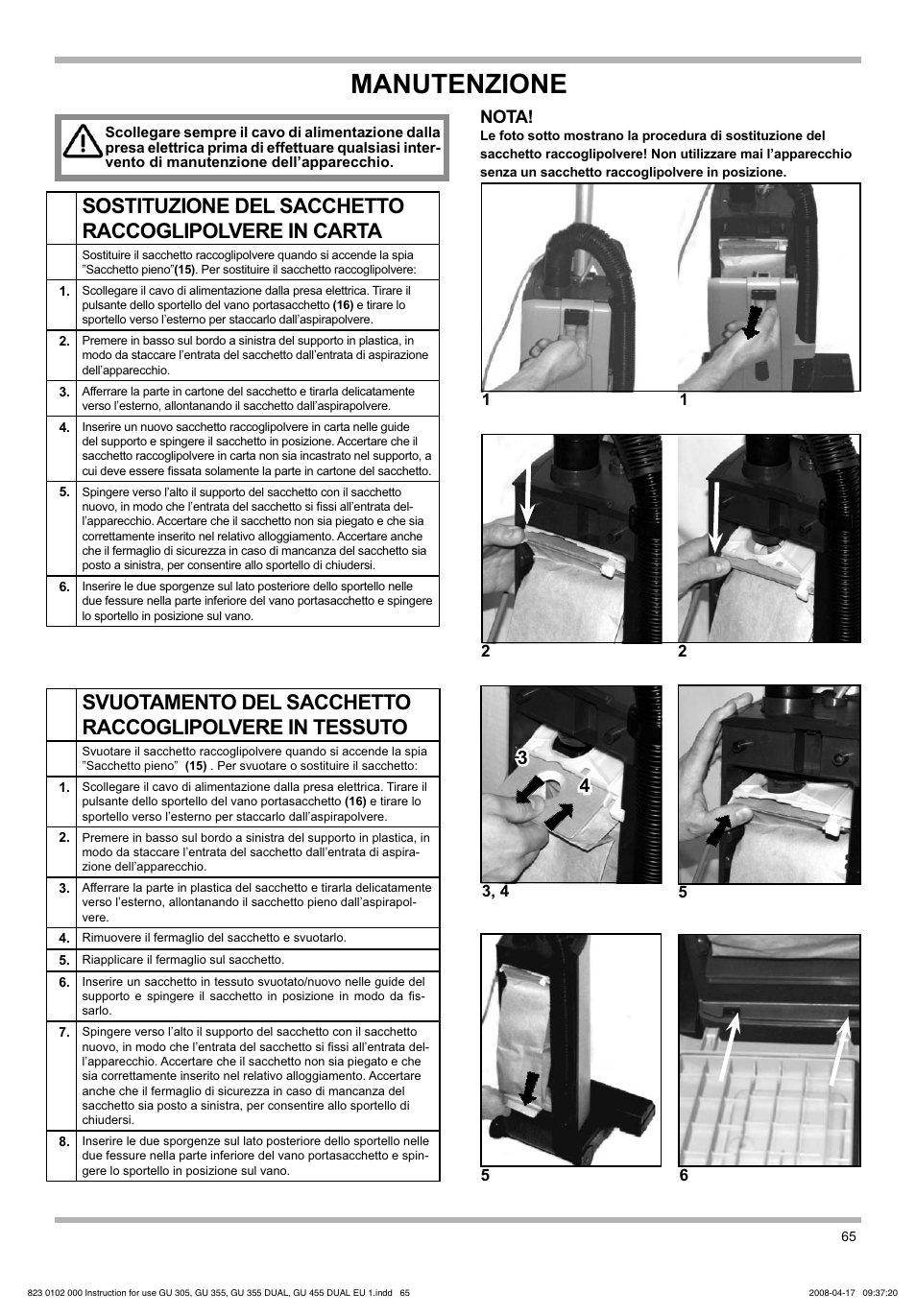 Manutenzione, Nota | Nilfisk-Advance America GU 15 SMU User Manual | Page 65 / 92